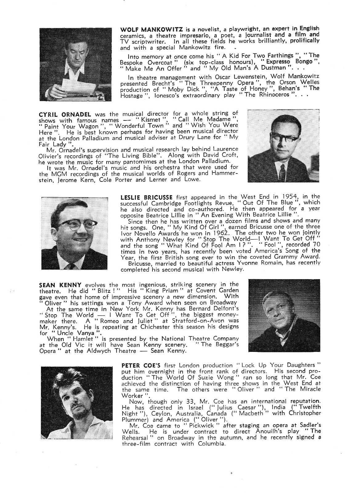 Harry Secombe “PICKWICK” Anton Rodgers / Leslie Bricusse 1963 London Playbill