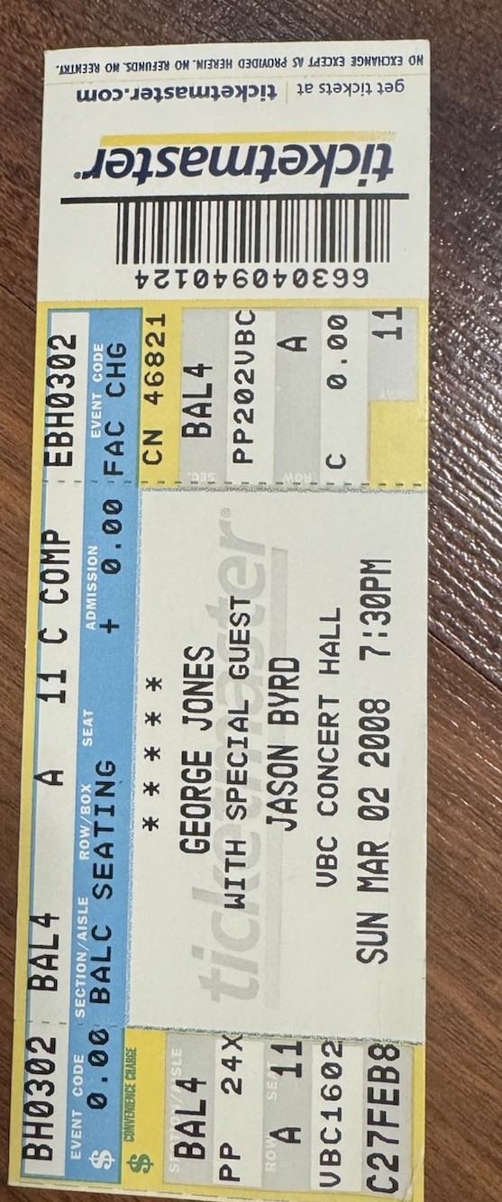 GEORGE JONES Full Concert Ticket Stub VBC CENTER HUNTSVILLE ALABAMA 3/2/08