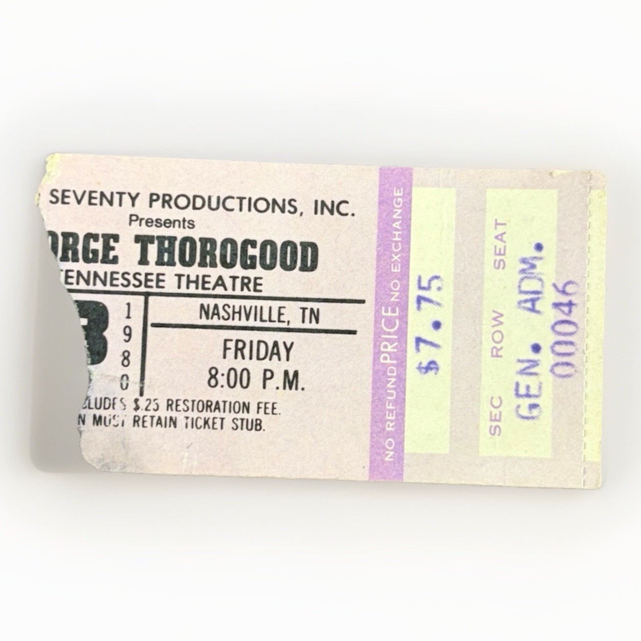 GEORGE THOROGOOD CONCERT TICKET STUB MAR 28 1980 TENNESSEE THEATRE NASHVILLE TN