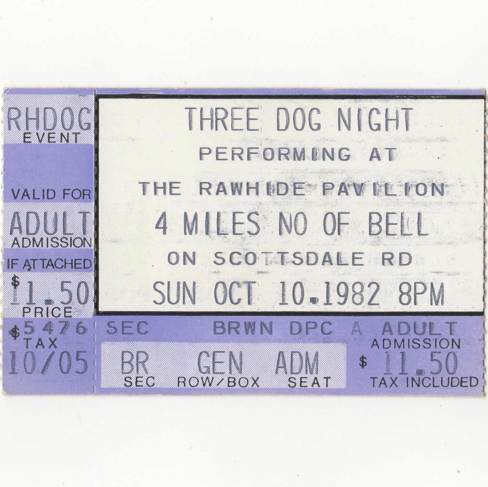 THREE DOG NIGHT Concert Ticket Stub SCOTTSDALE AZ 10/10/82 RAWHIDE PAVILION Rare