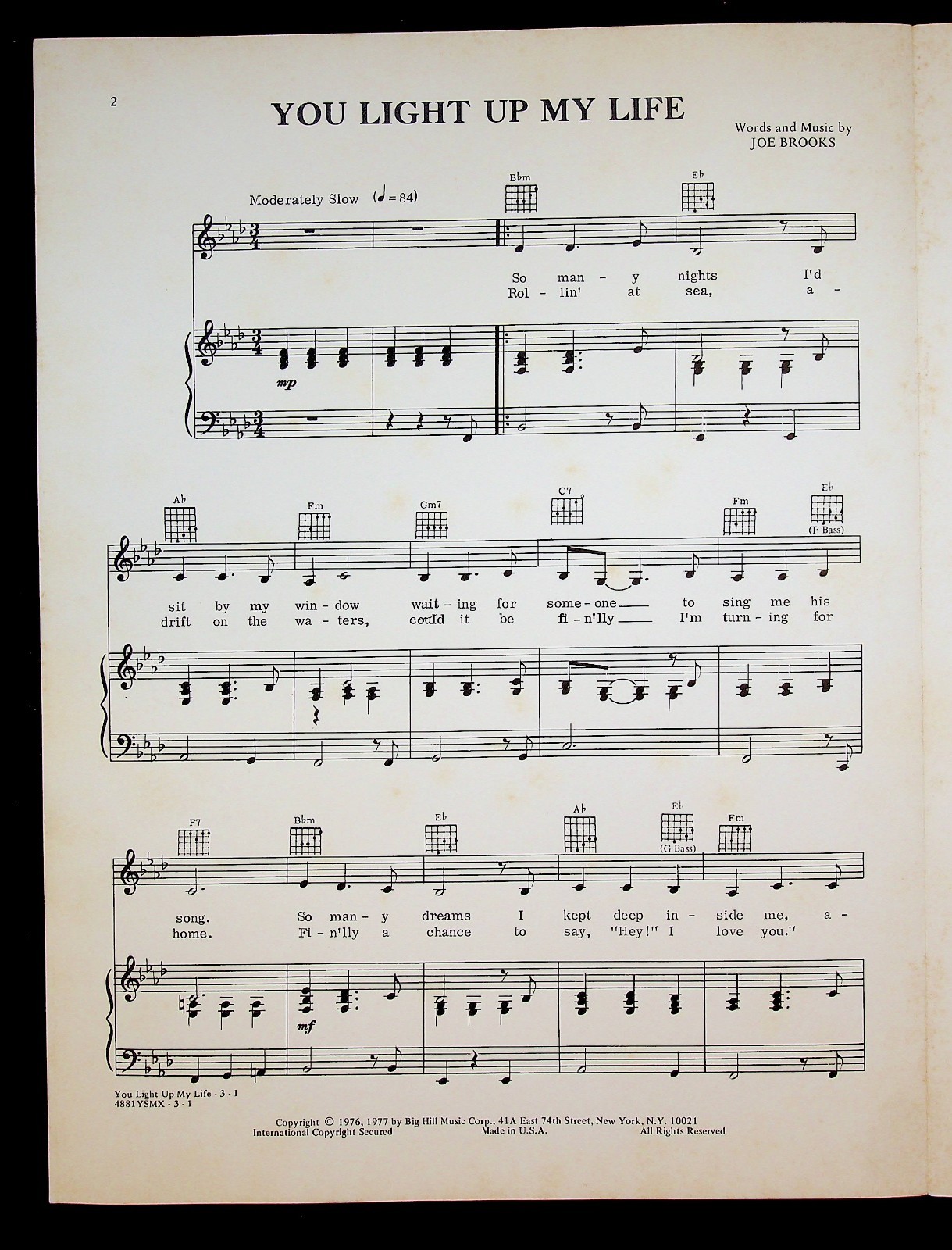 You Light Up My Life 1977 Sheet Music Theme Song Movie Tie-in Joe Brooks Piano