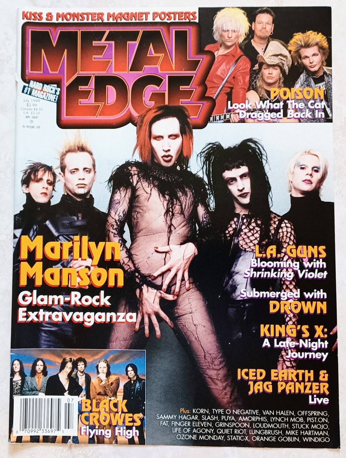 1999 METAL EDGE MAGAZINE~COVER ONLY~MARILYN MANSON/POISON~POSTER PINUP WALL ART