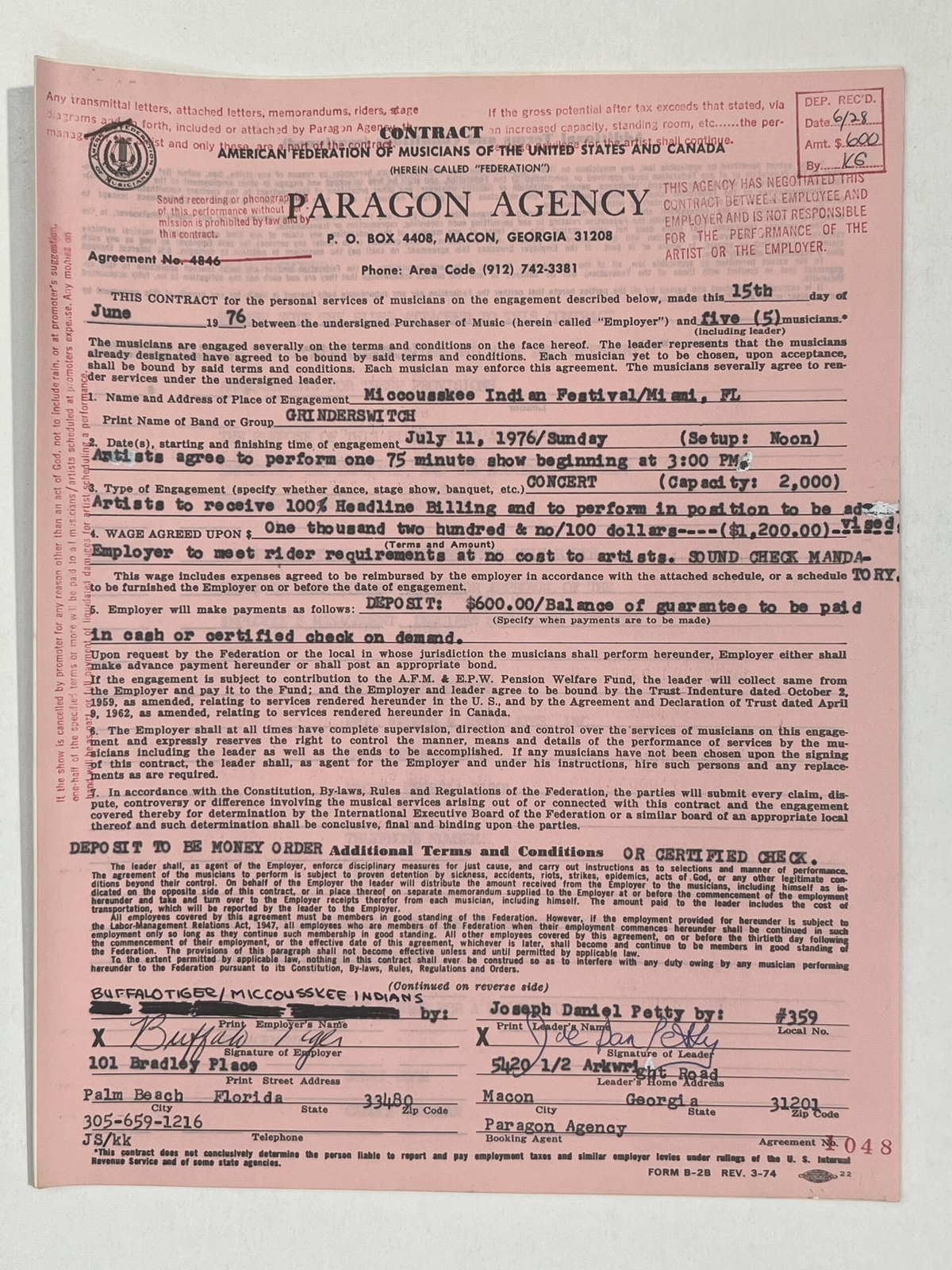 Grinderswitch Concert Contract 1976 Miami FL