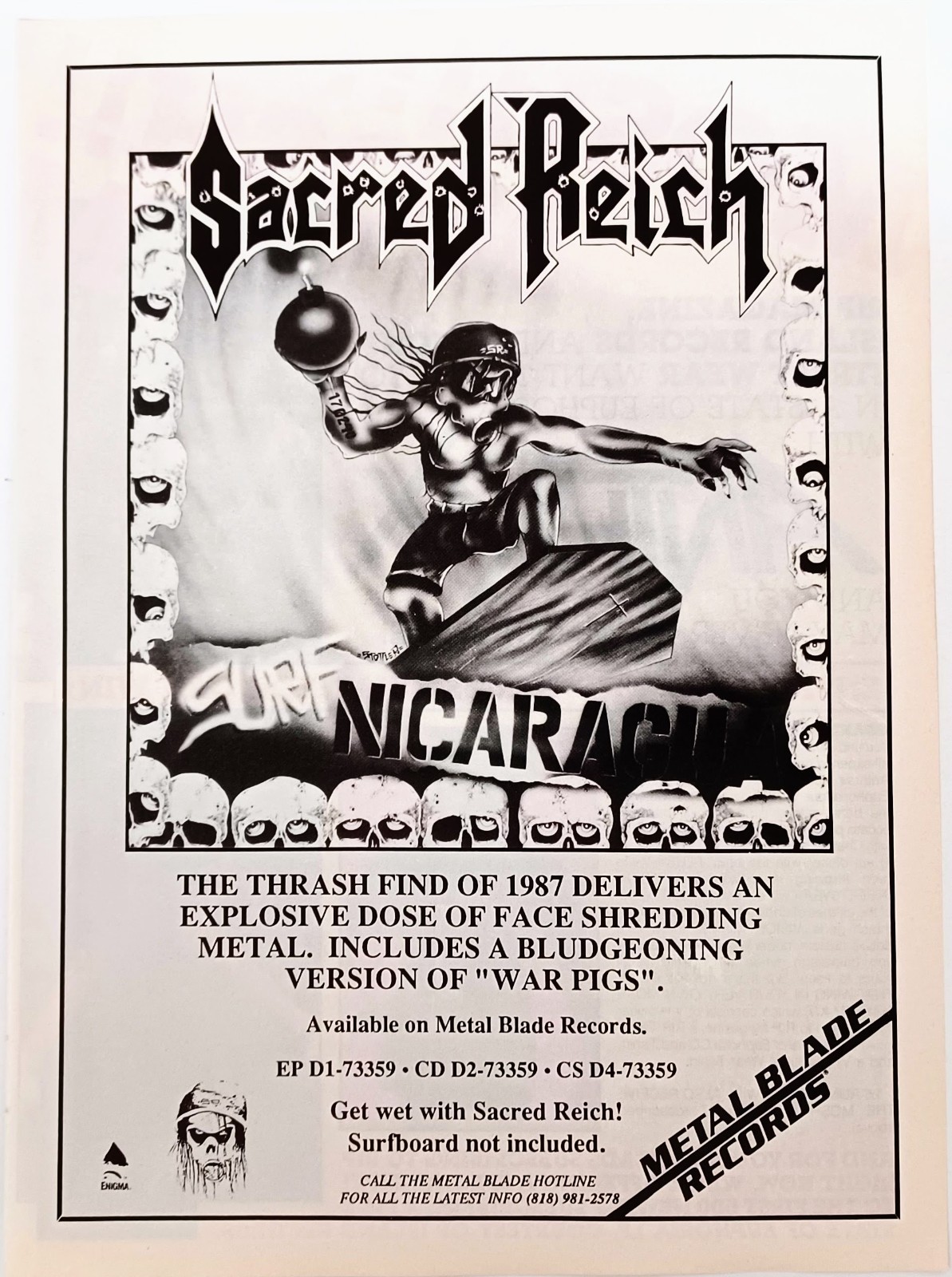 SACRED REICH SURF NICARAGUA 8X11 ALBUM PROMO-1988 PRINT MAGAZINE AD MINI-POSTER