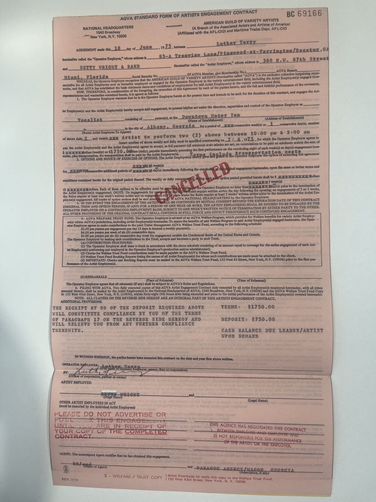 Betty Wright Cancelled Concert Contract 1975 Albany GA