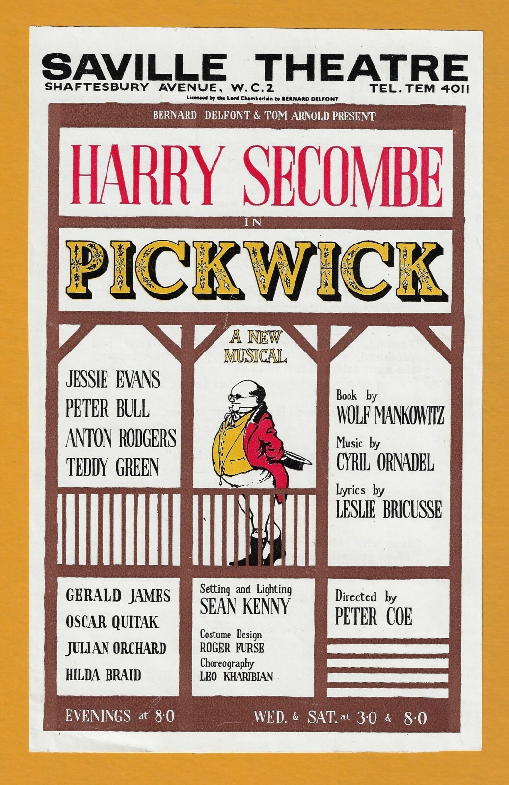 Harry Secombe “PICKWICK” Leslie Bricusse / Anton Rodgers 1963 London Cast Flyer