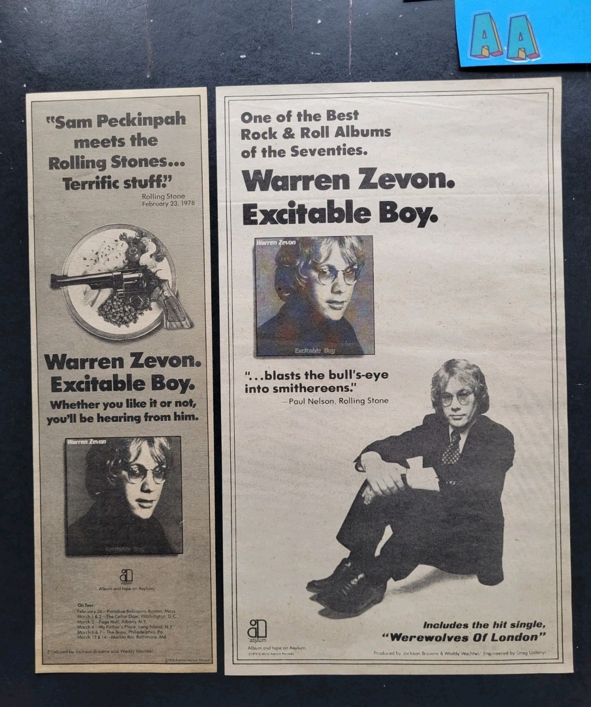 Warren Zevon Excitable Boy Album & Tour Promo Print Advertisements 1978