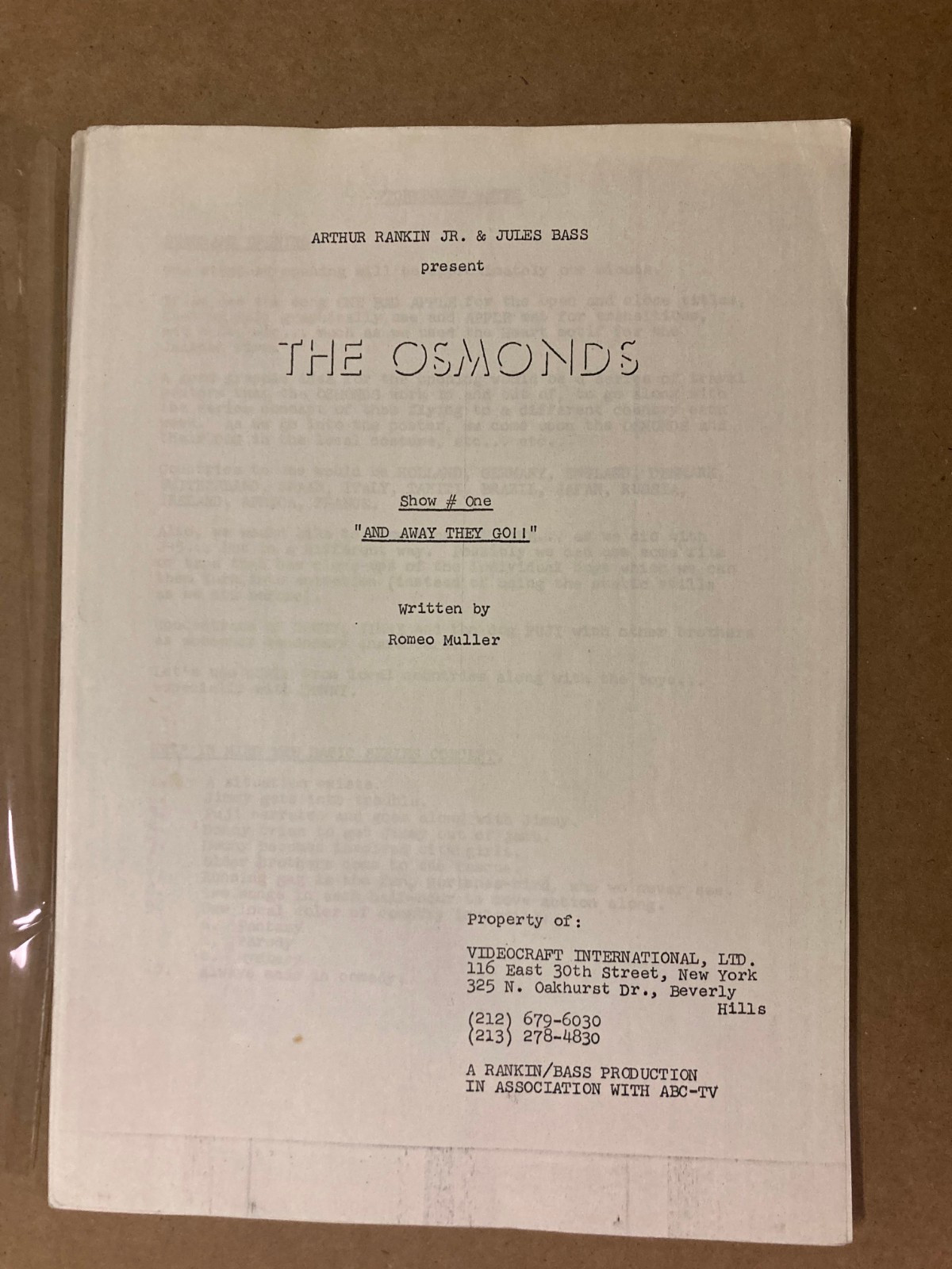1972 THE OSMONDS TELEVISION SCRIPT – SHOW # ONE-AND AWAY THEY GO!!- ROMEO MULLER