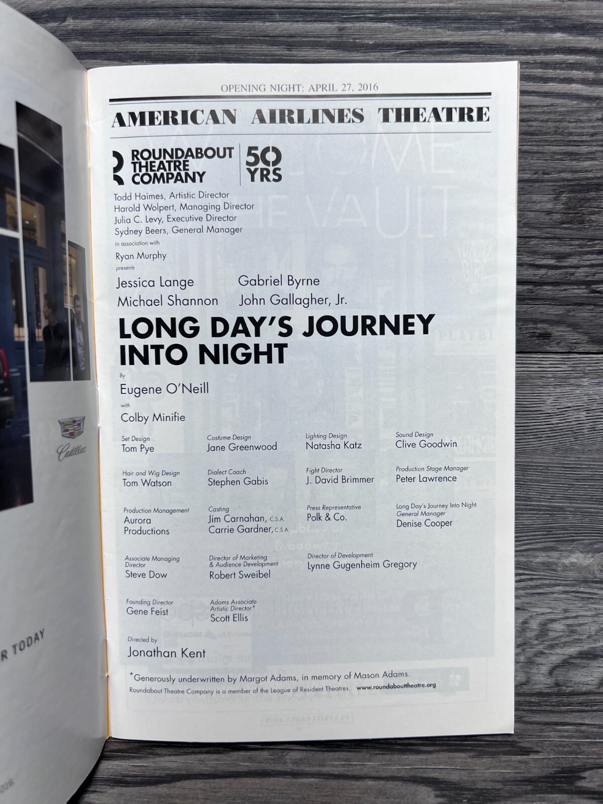 LONG DAY’S JOURNEY INTO NIGHT, OPENING NIGHT, PLAYBILL, APRIL 2016