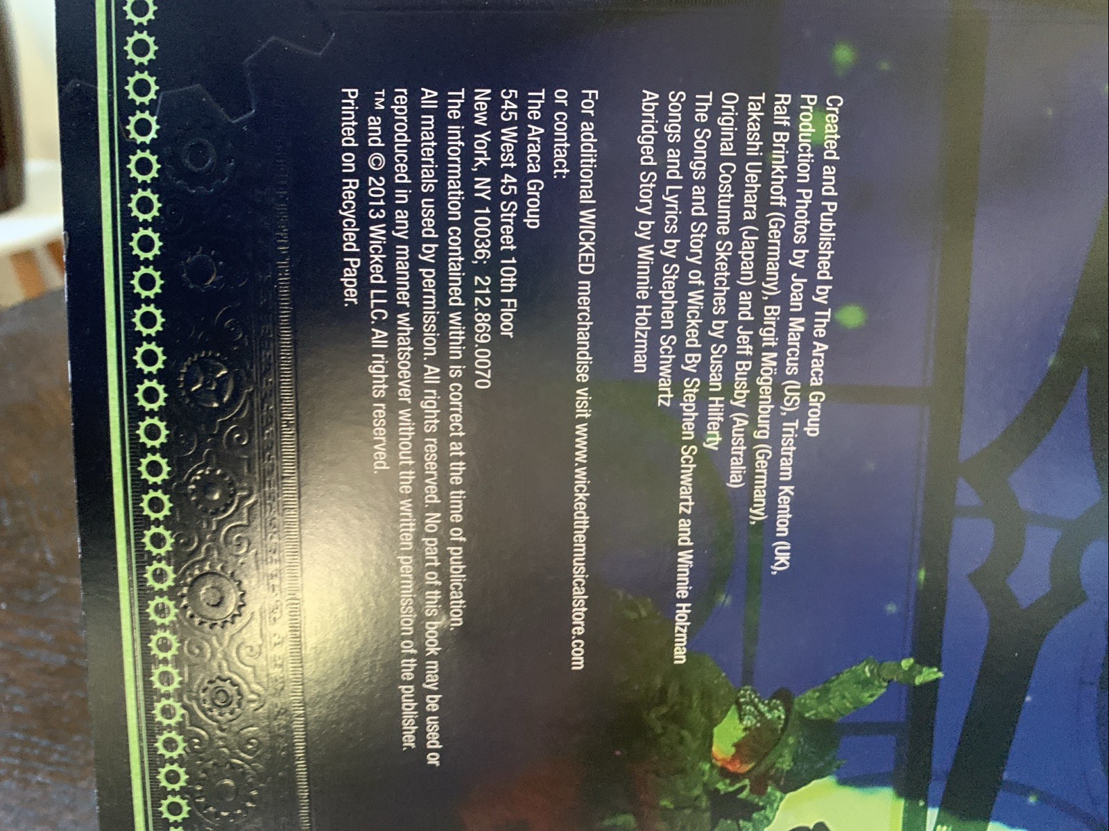 2013 Wicked Souvenir Broadway Show Program W/Cast Listing