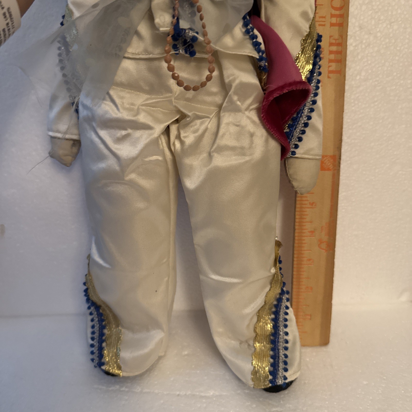 Handmade Elvis Doll 21″ White Suit Blue Gold Black Hair Shoes Red Cape VTG