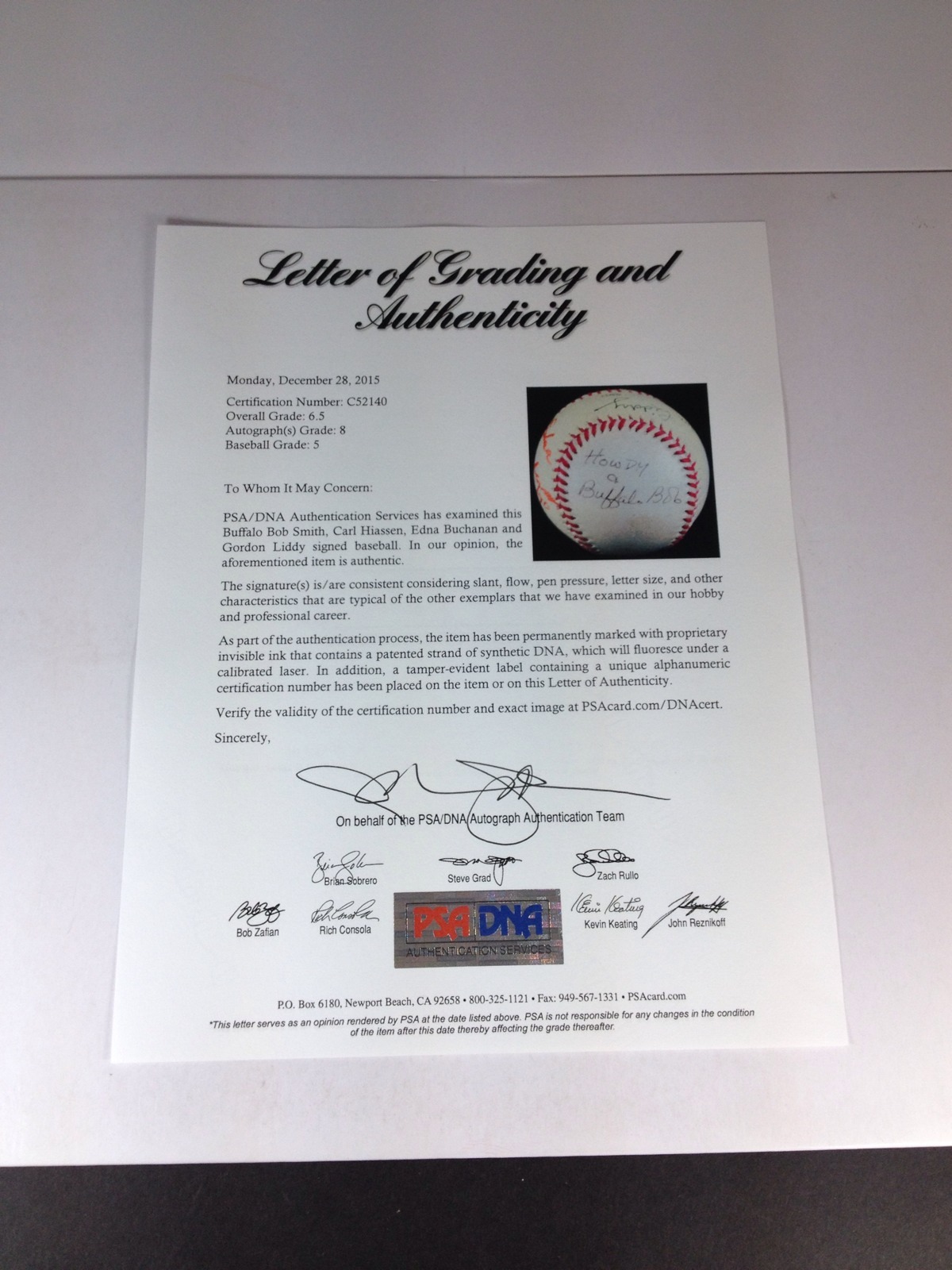 Buffalo Bob, Gordon Liddy, Signed, Baseball PSA Autograph Grade 8, Total 4 Sigs.