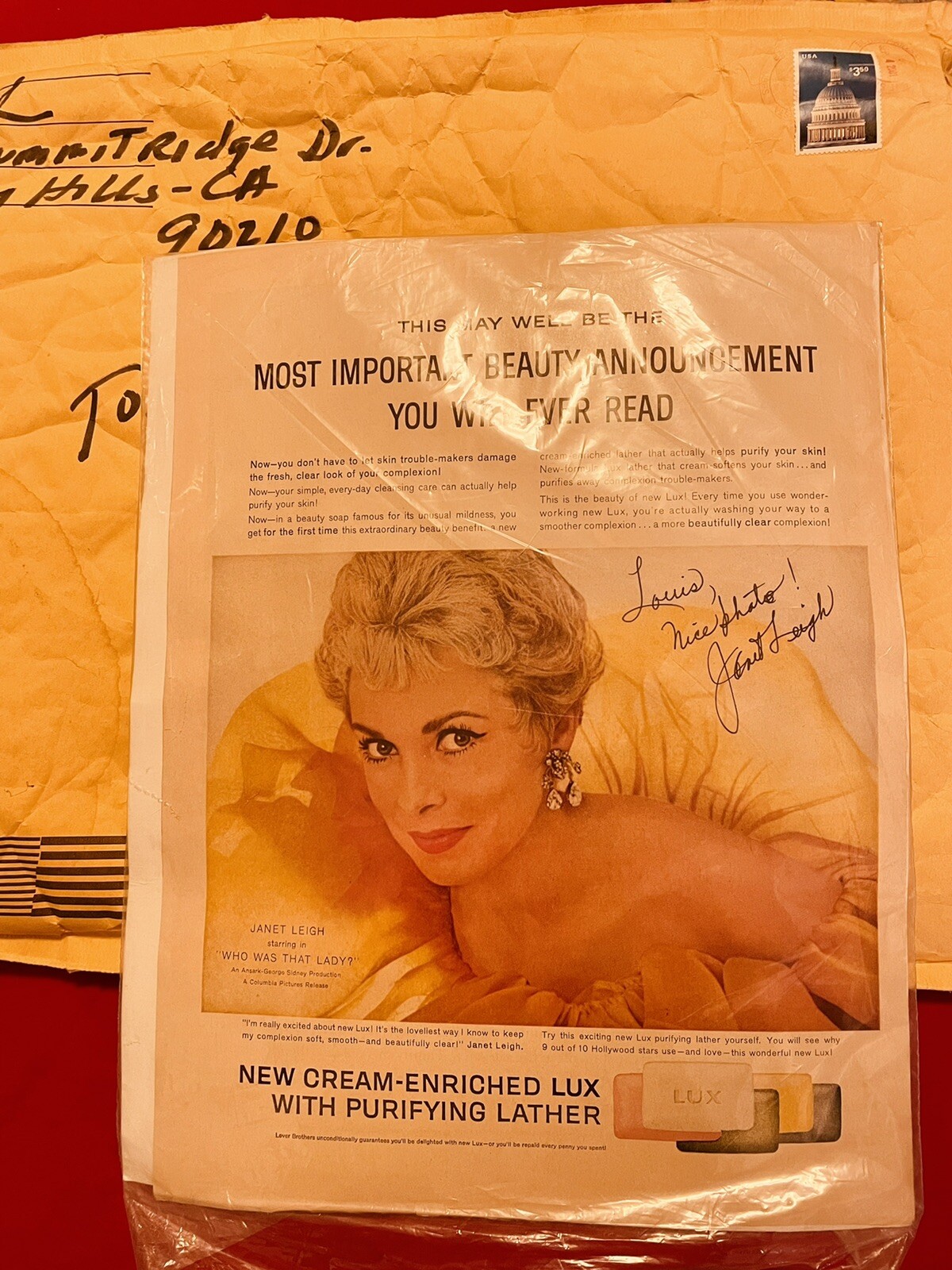 Janet Leigh rare autograph ORIGNIAL ADVERTISEMENT Super rare 14″X10″