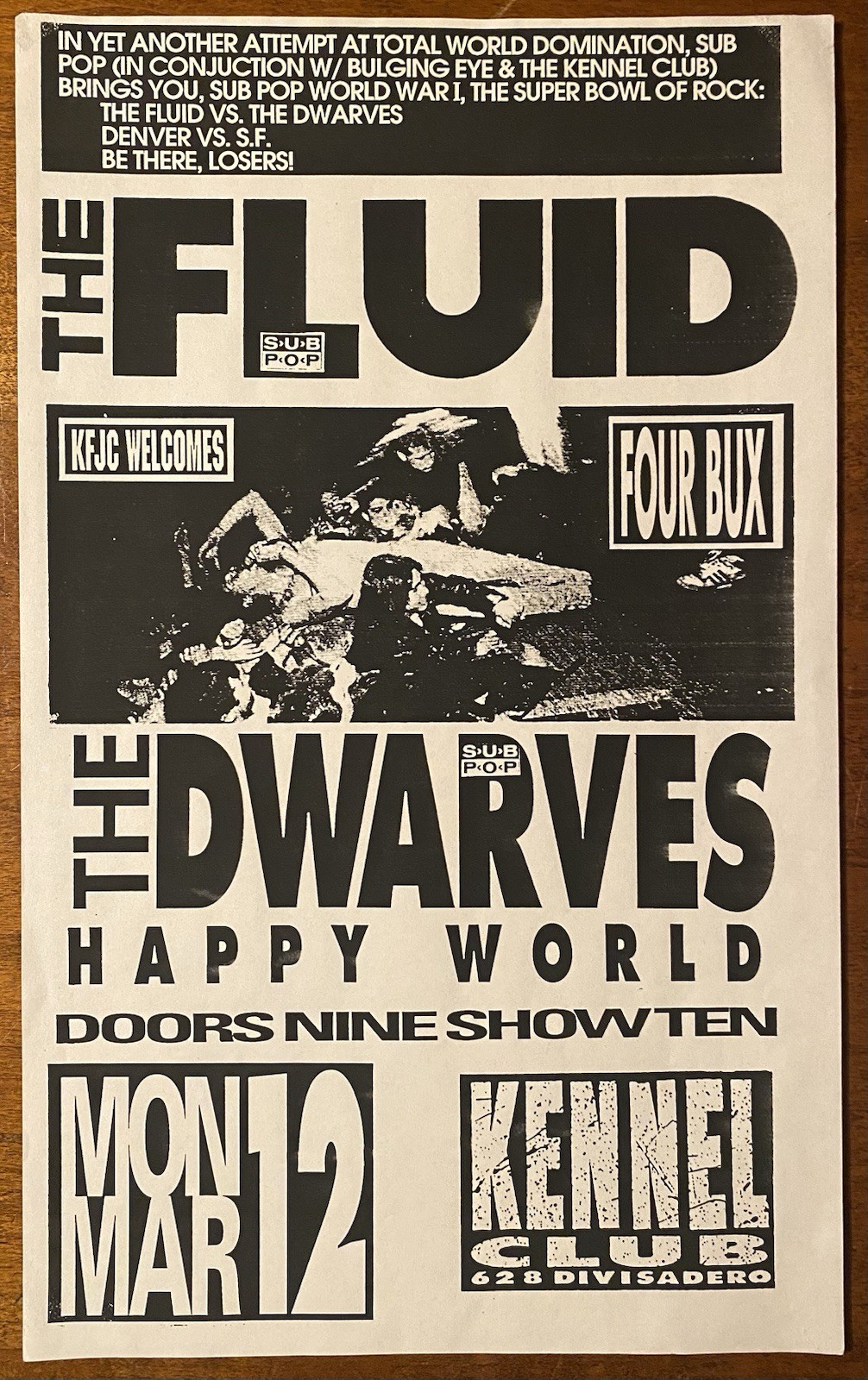 The FLUID + The DWARVES Kennel Club 1990 San Francisco CONCERT POSTER SUB POP