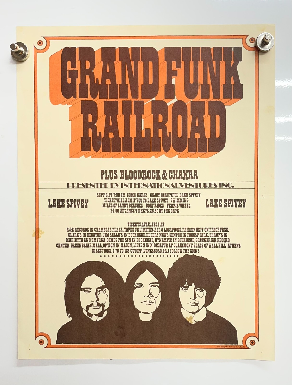 Grand Funk Railroad 1970 Lake Spivey Concert Handbill Poster Bloodrock Chakra