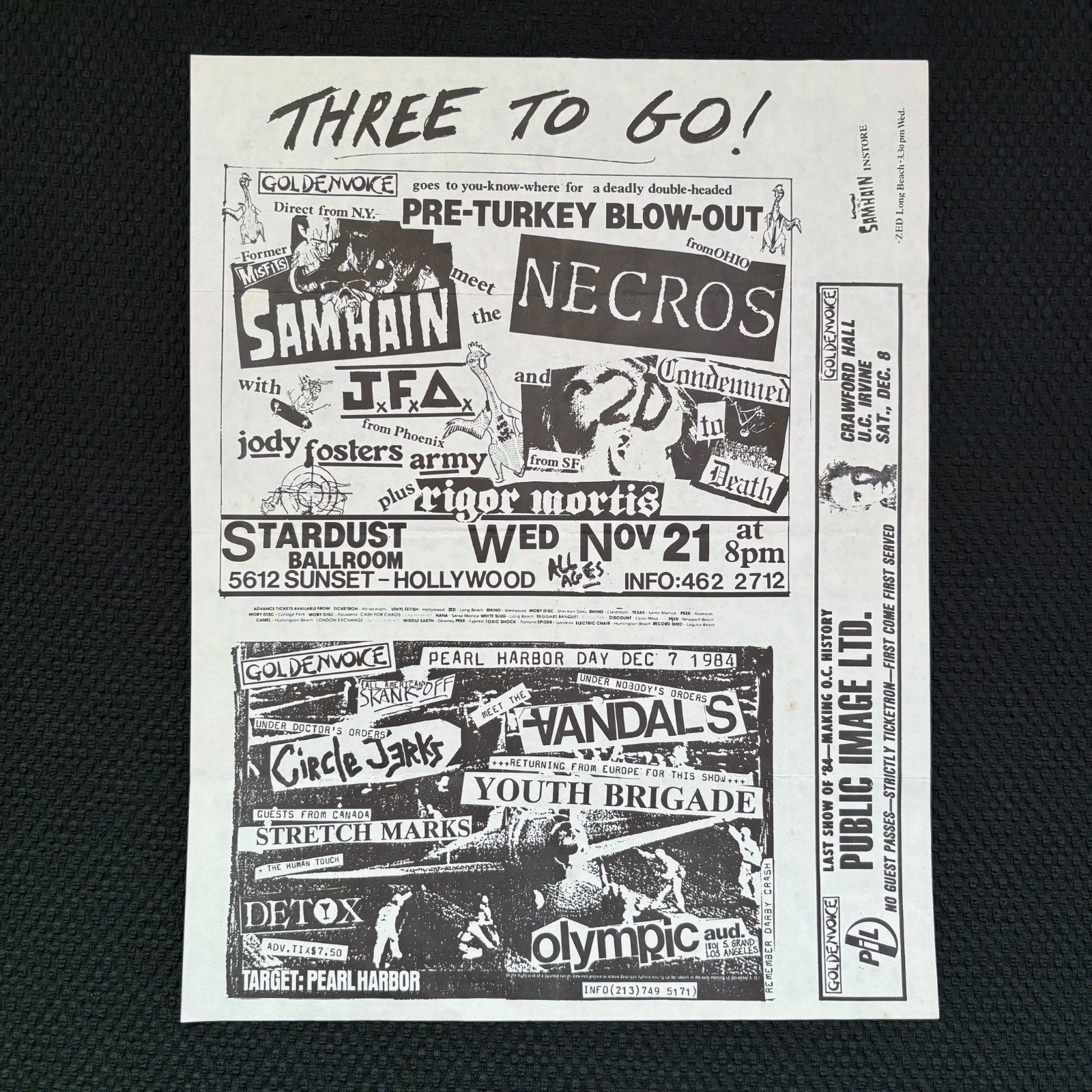 SAMHAIN / CIRCLE JERKS / PIL / THREE TO GO! / OG Punk Flyer 1984