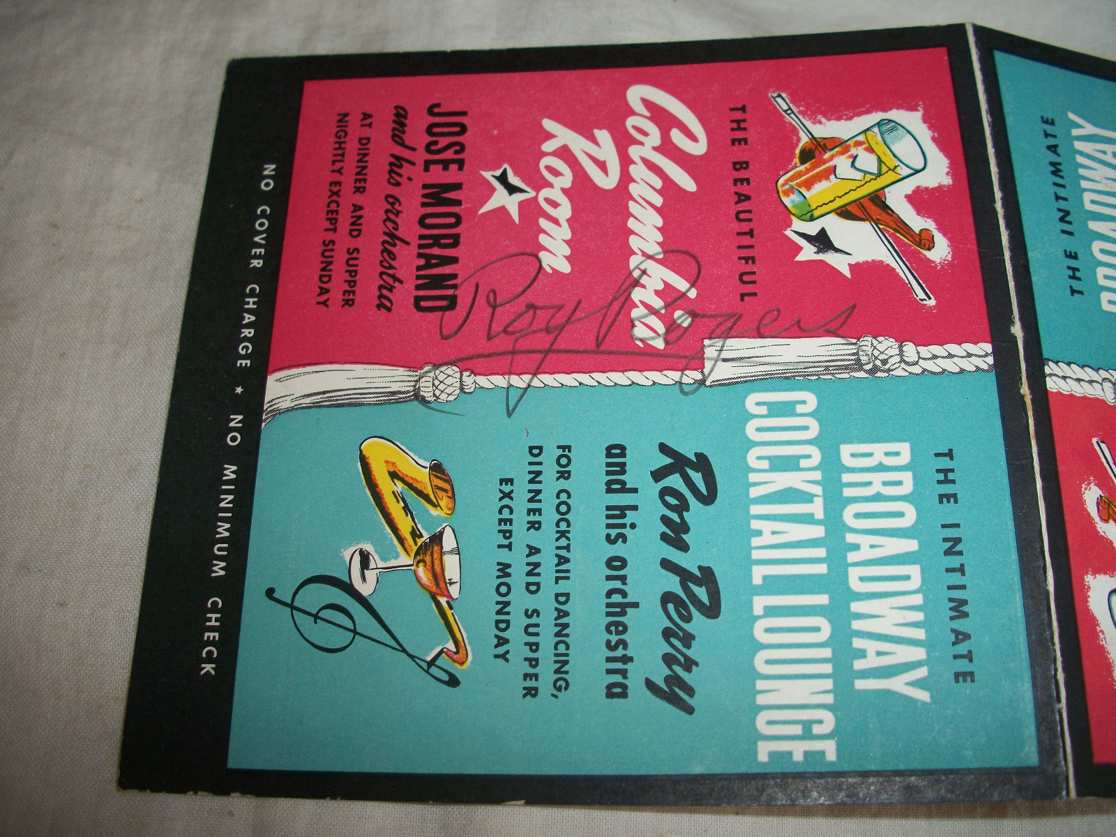 VINTAGE RAY ROGERS AUTOGRAPH SIGNED FLYER BROADWAY COCKTAIL LOUNGE COLUMBIA ROOM