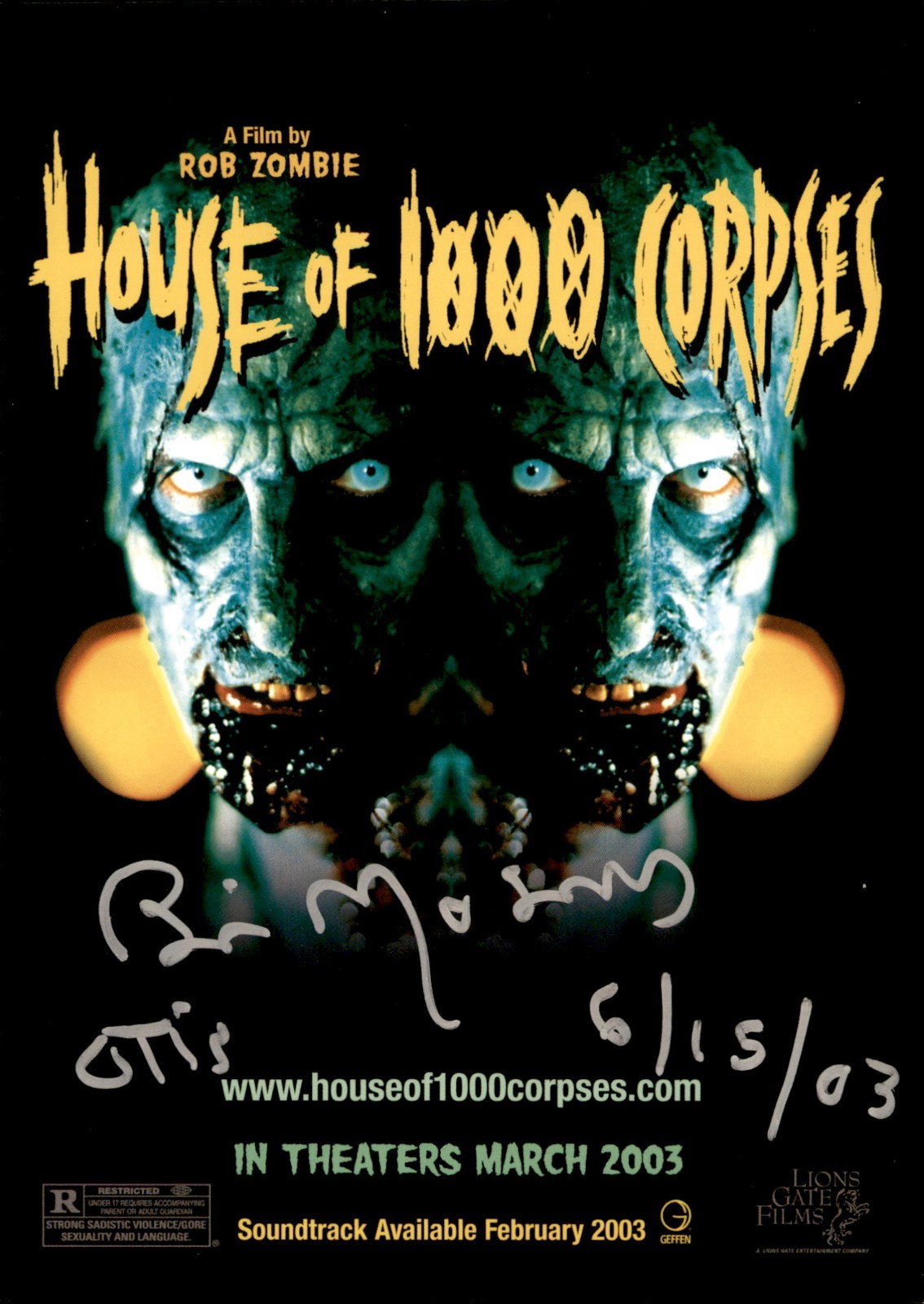 Bill Moseley Signed & Inscribed House Of 1000 Corpses 5×7 Promo Photo #1 JSA COA