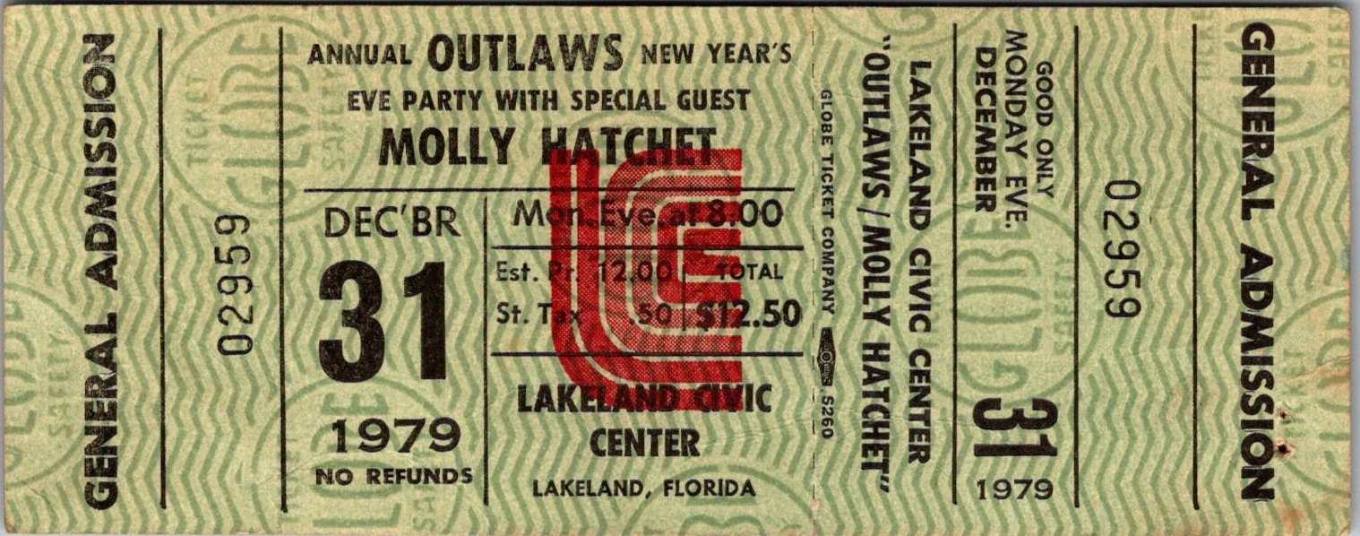 MOLLY HATCHET CONCERT TICKET, DEC 31 1979, LAKELAND CIVIC CENTER