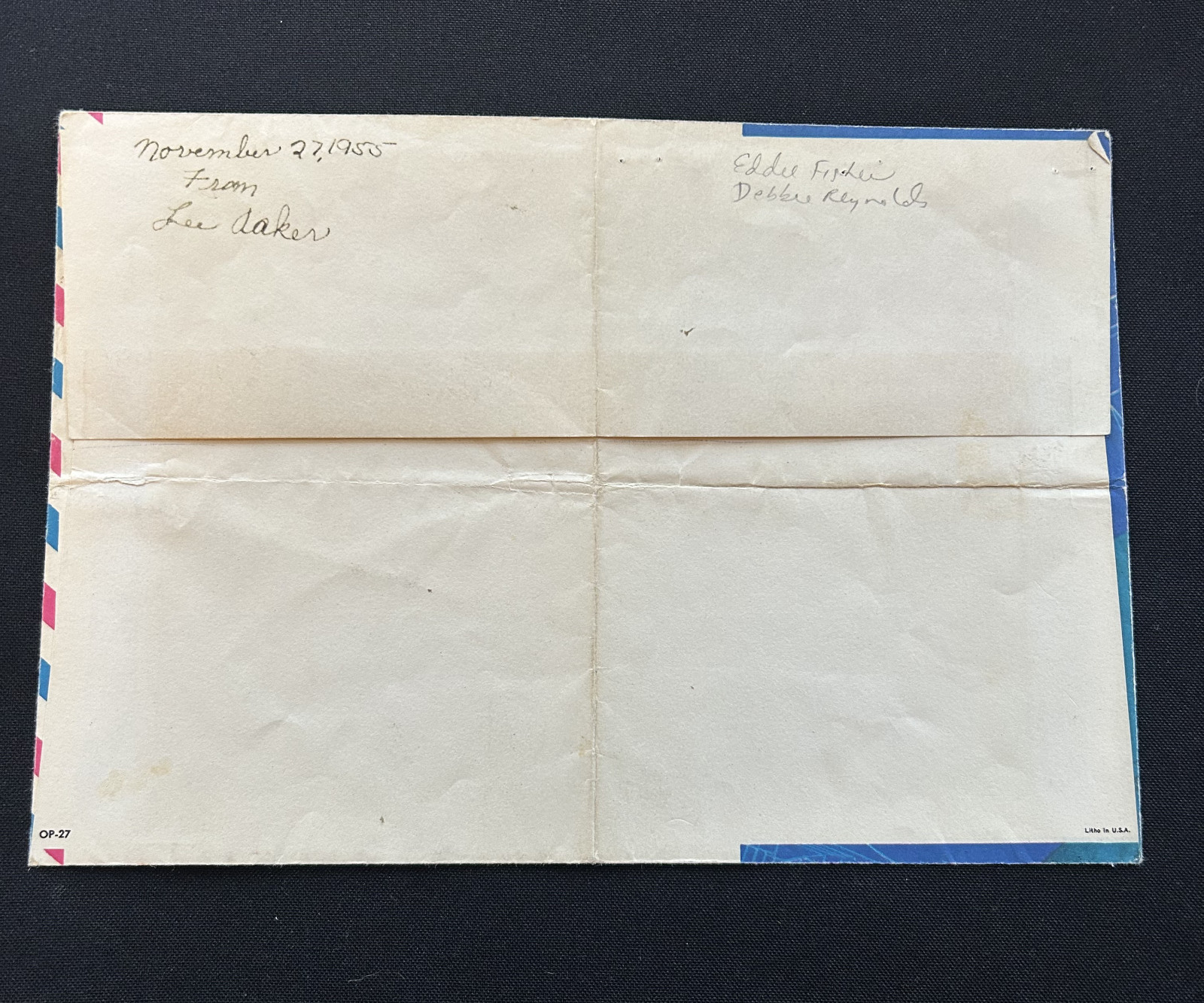 Debbie Reynolds & Eddie Fishers Signed Envelope Airline American Actress Vintage