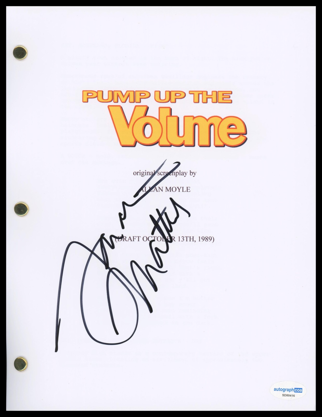 Samantha Mathis “Pump Up the Volume” AUTOGRAPH Signed Script Screenplay ACOA