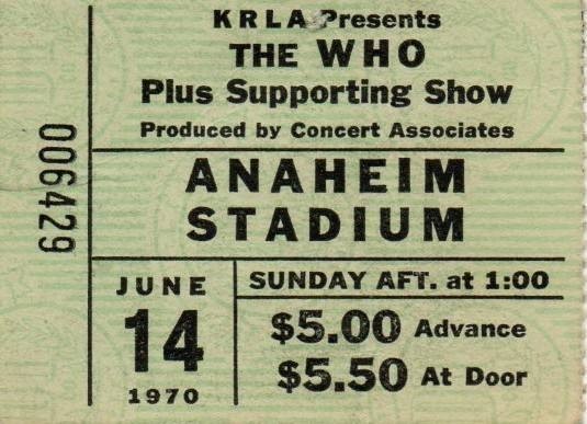 THE WHO Original 1970 CONCERT TICKET STUB at Anaheim Stadium