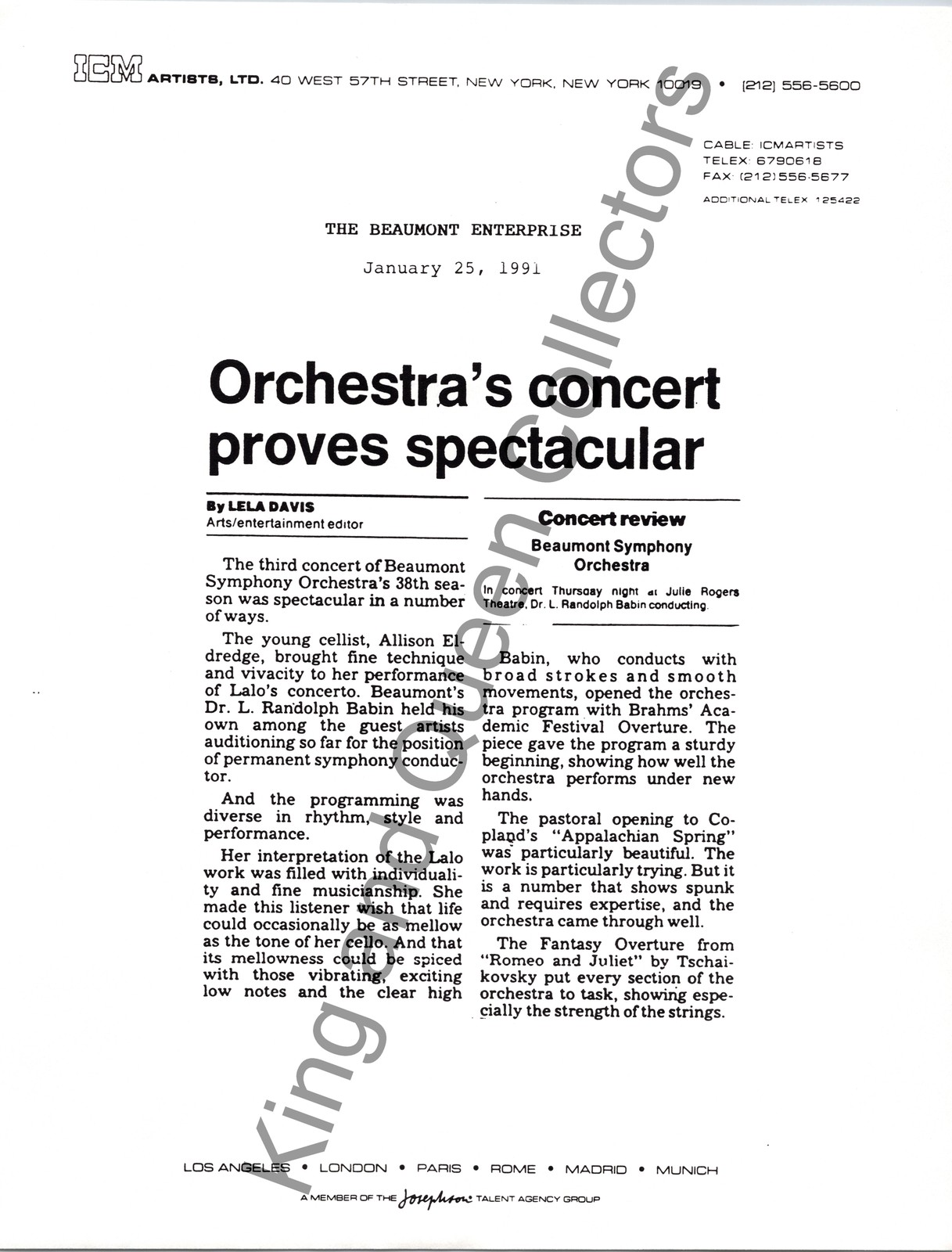 Beaumont Symphony Orchestra 1991 Original ICM Artists, Ltd Press Kit Press