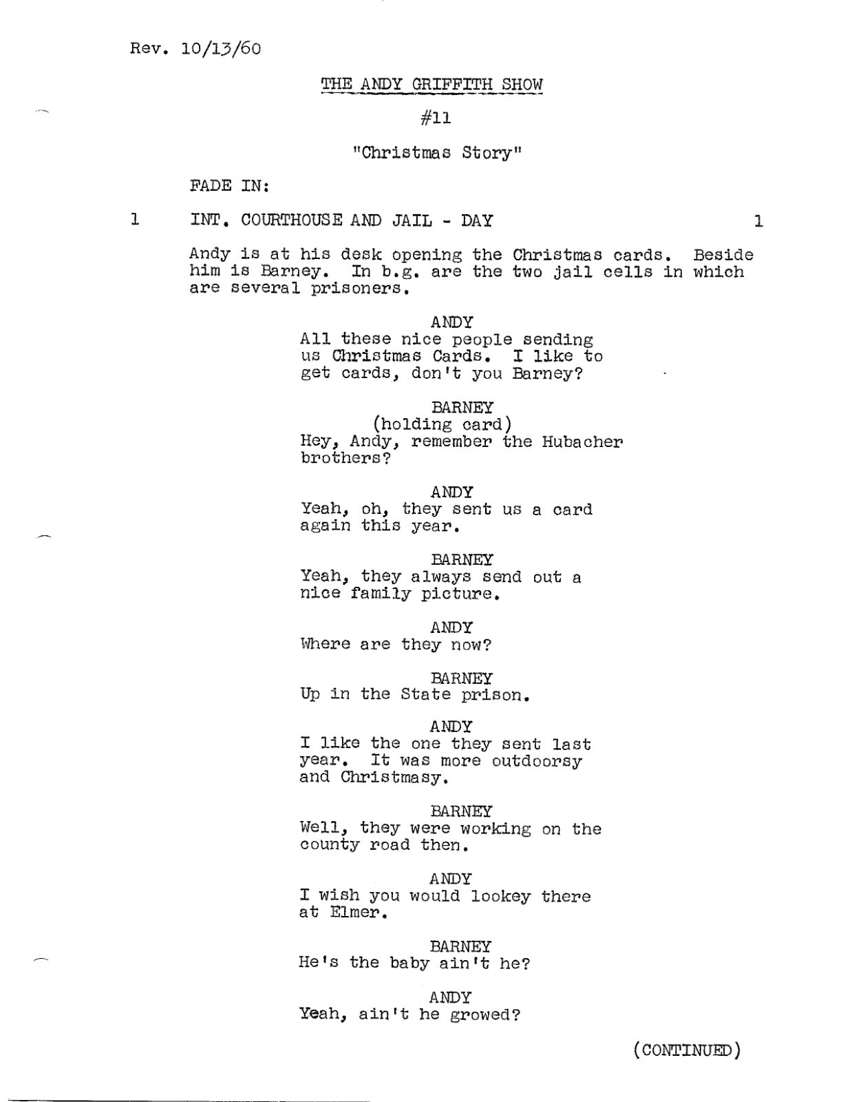 ANDY GRIFFITH SHOW TV Series Script, CHRISTMAS Episode, Don Knotts, Ron Howard