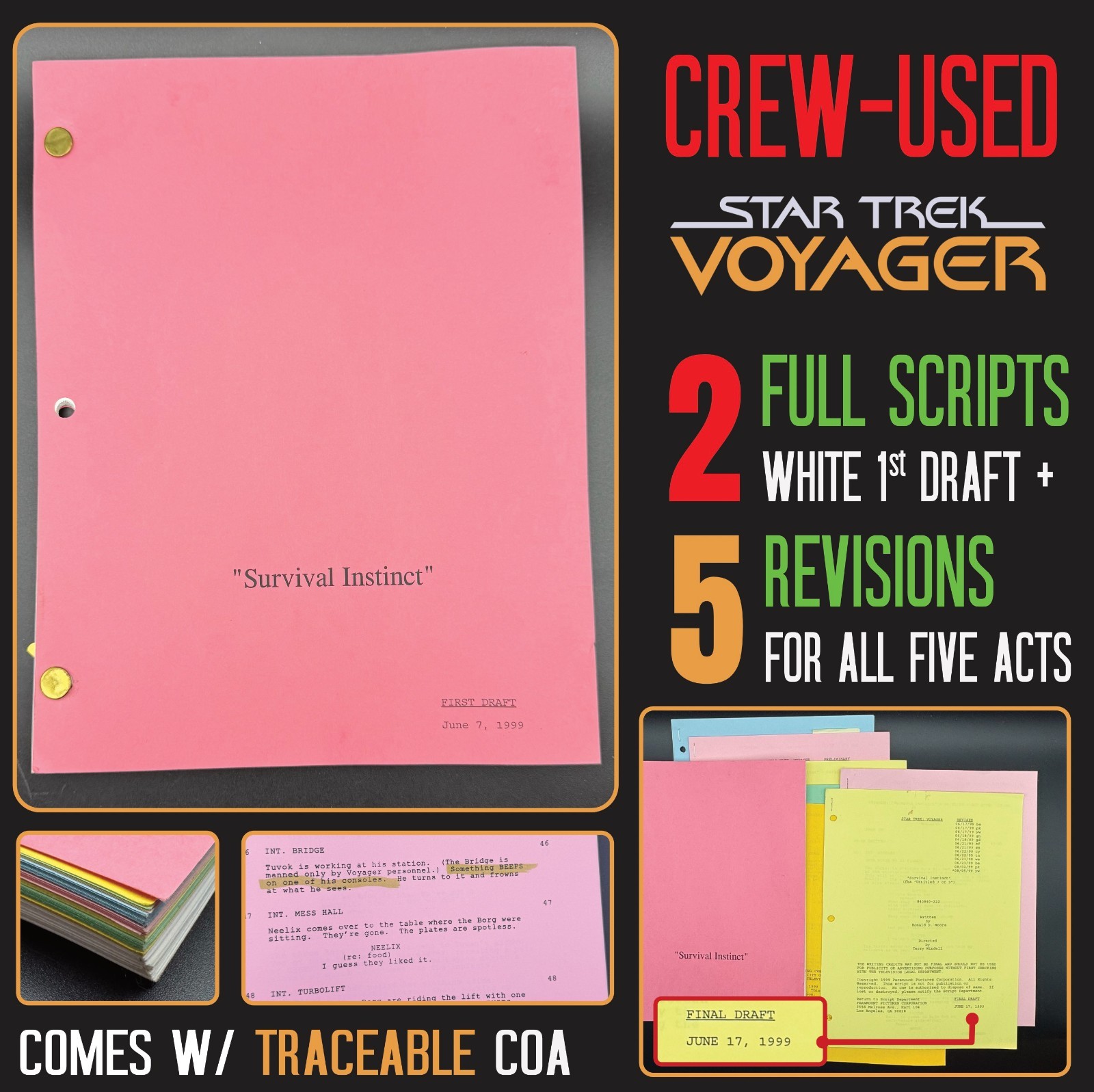 Star Trek Voyager Script LOT +FINAL DRAFT Revisions +COA -“Survival Instinct”
