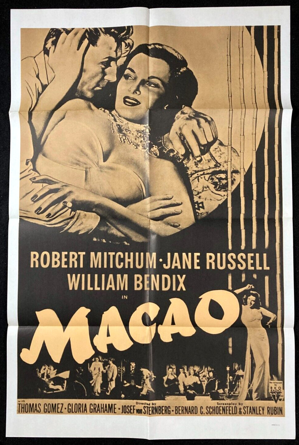 MACAO Original Movie Poster Robert Mitchum Jane Russell Film Noir Hong Kong r60s