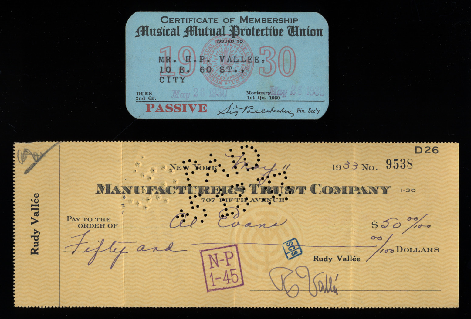 RUDY VALLEE 1930 ORIGINAL MUSICAL MUTUAL UNION MEMBERSHIP CARD w/ SIGNED CHECK