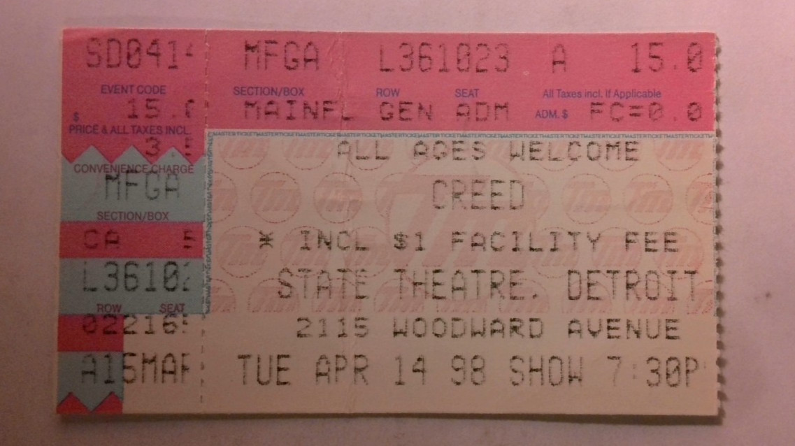 Creed Concert Ticket Stub 4/14/1998 State Theatre Detroit Vintage 90s