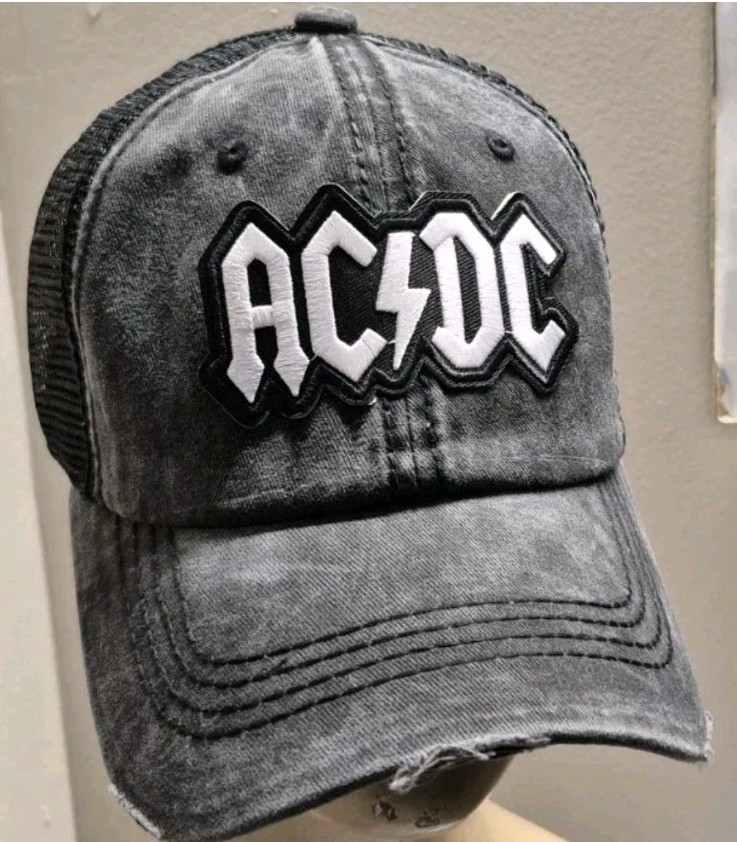 AC/DC Distressed Ball Cap Hat Black & Black Mesh Hat AC/ DC Hat