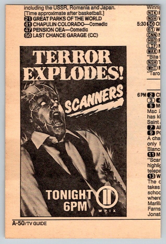 1986 SCANNERS 2″X3.5″ HORROR MOVIE AD WPIX Ch. 11 NYC 1980’s TV3