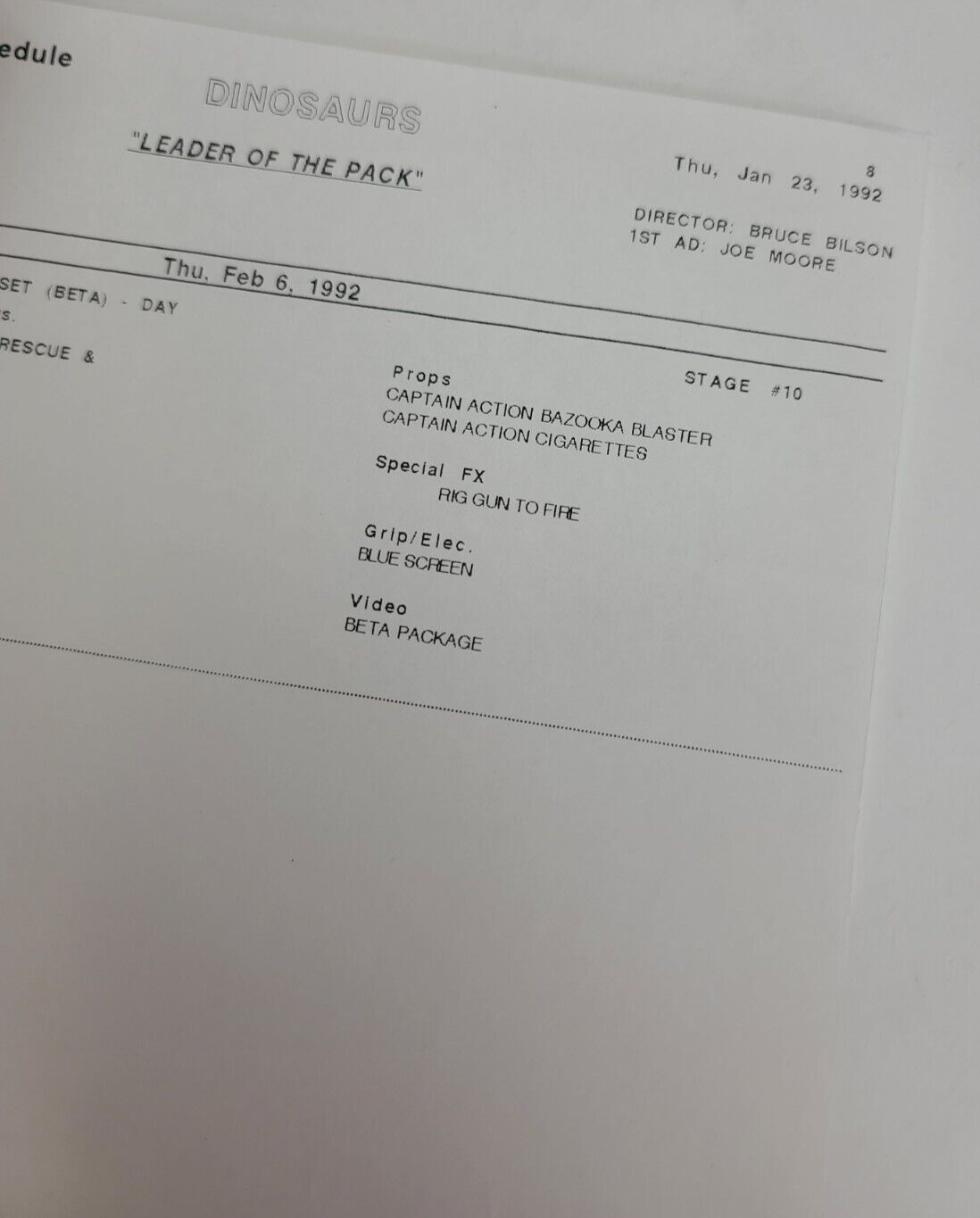 DINOSAURS / Kirk Thatcher 1992 TV Script Brian & Jim Henson “Leader of the Pack”