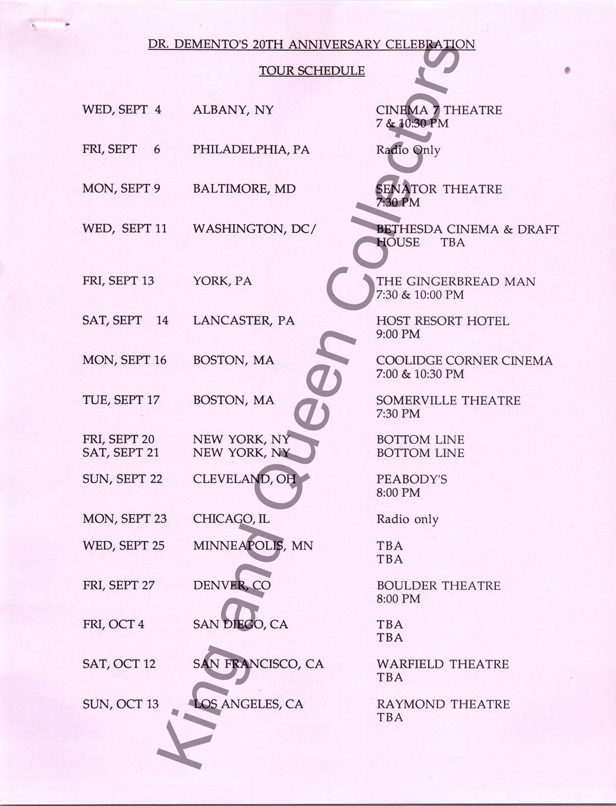 Dr. Demento Original Press Kit Tour Information Sheet