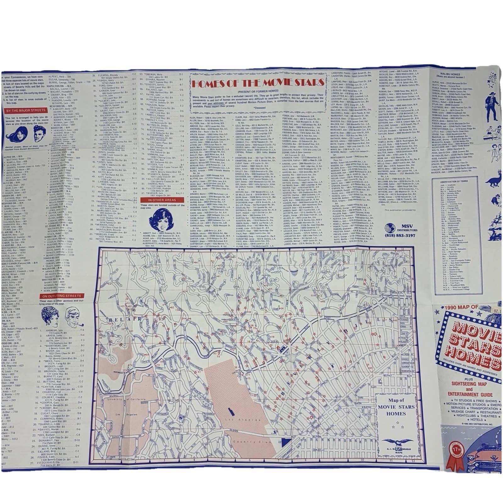 1990 Hollywood Map Of MOVIE STARS HOMES Sightseeing Map & Entertainment Guide