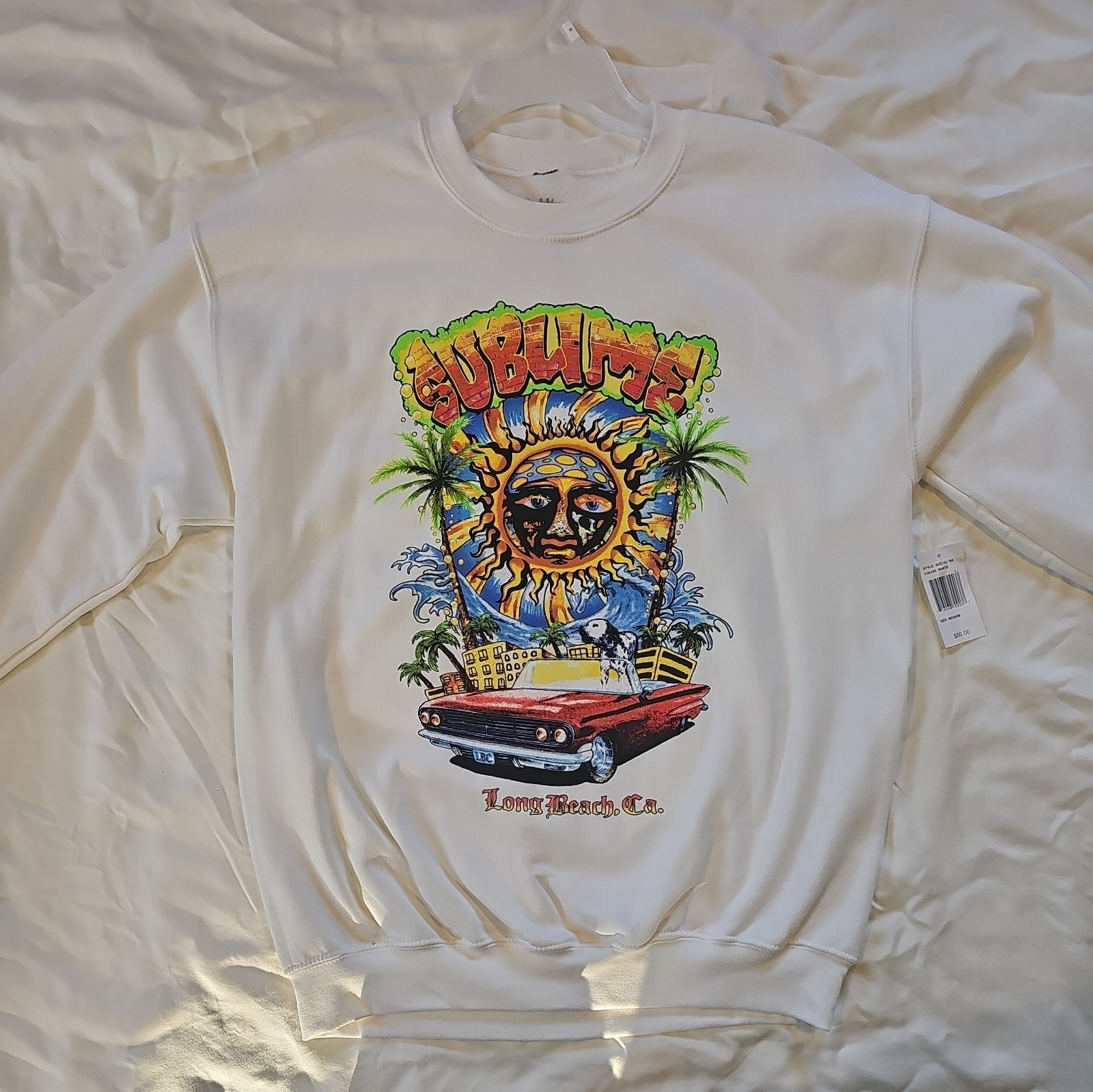 New Medium Sublime Long Beach, CA. Sun Car Graphic White Sweat Shirt