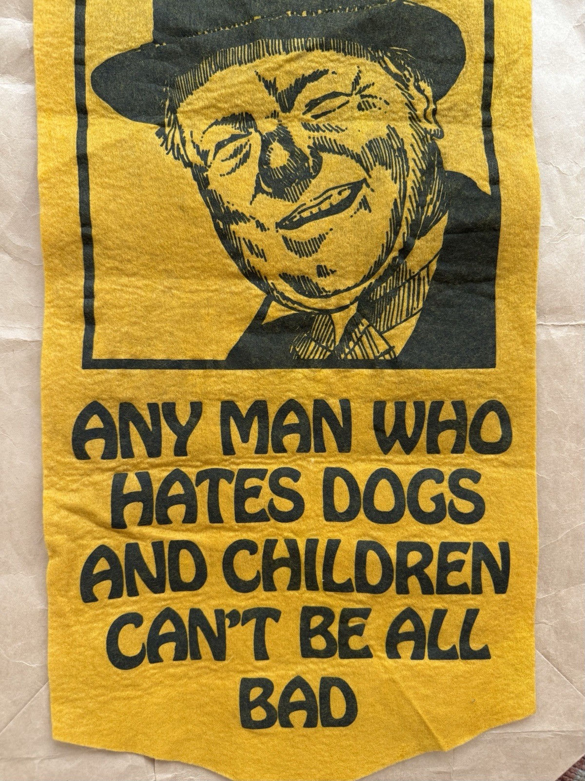 Vintage 1960s/70s W.C. Fields yellow felt graphic quote wall banner humor