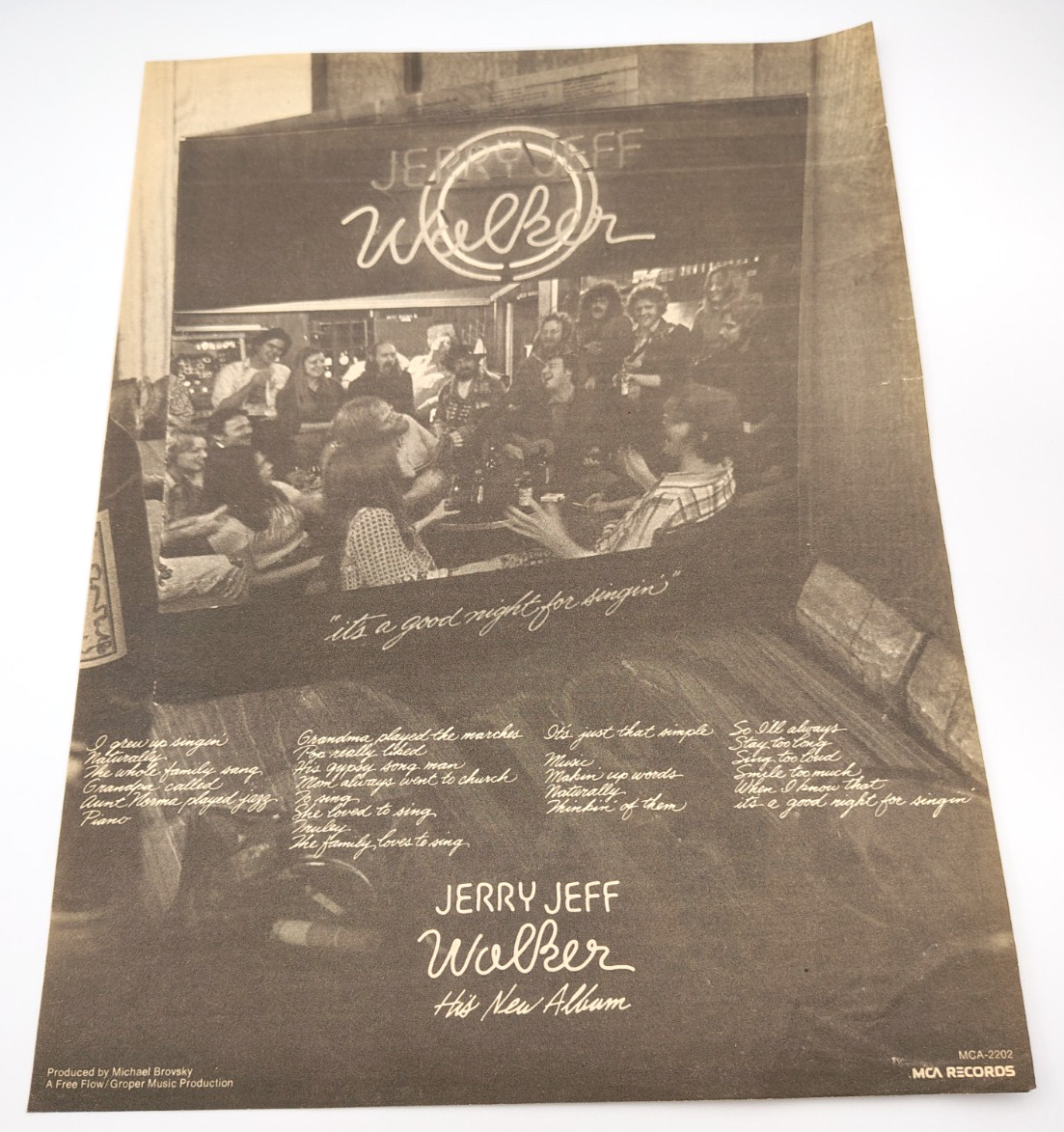 Jerry Jeff Walker 1976 “good night for singing” Promo Ad 14″ x 11″
