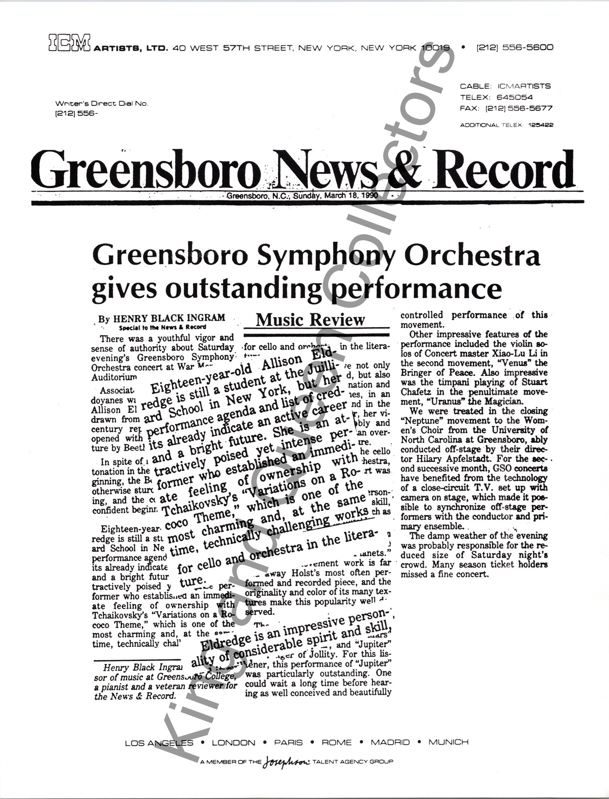 Greensboro Symphony Orchestra 1990 Original ICM Artists, Ltd Press Kit