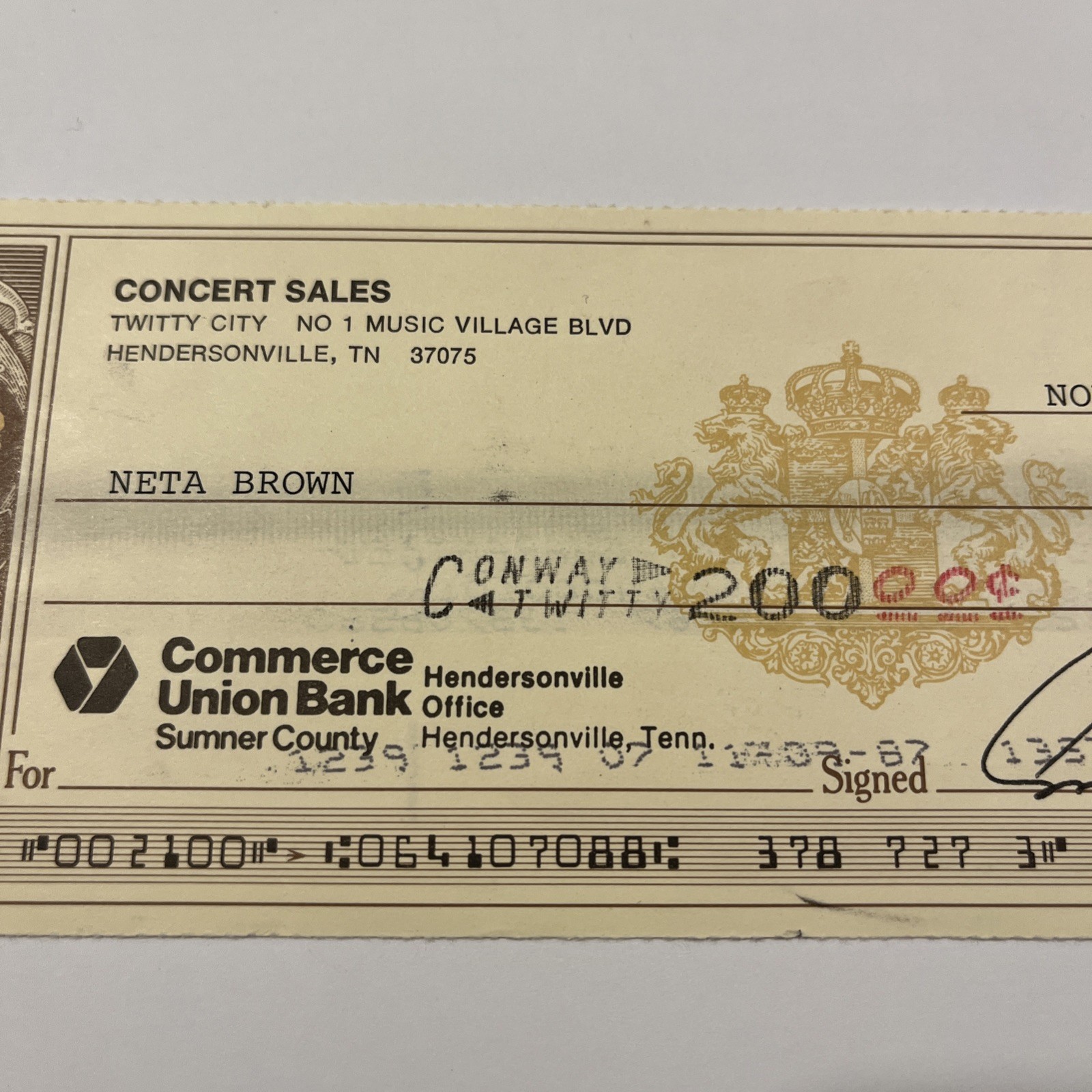 Conway Twitty Signed Bank Check 1987 Twitty City Hand Signed Autograph