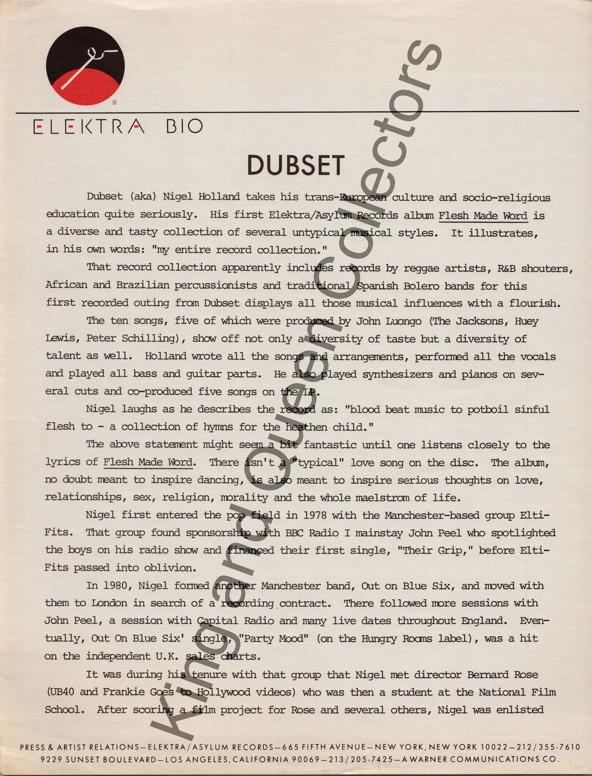 Dubset 1984 Original Elektra/Asylum Records Press Kit Biography Sheet Flesh