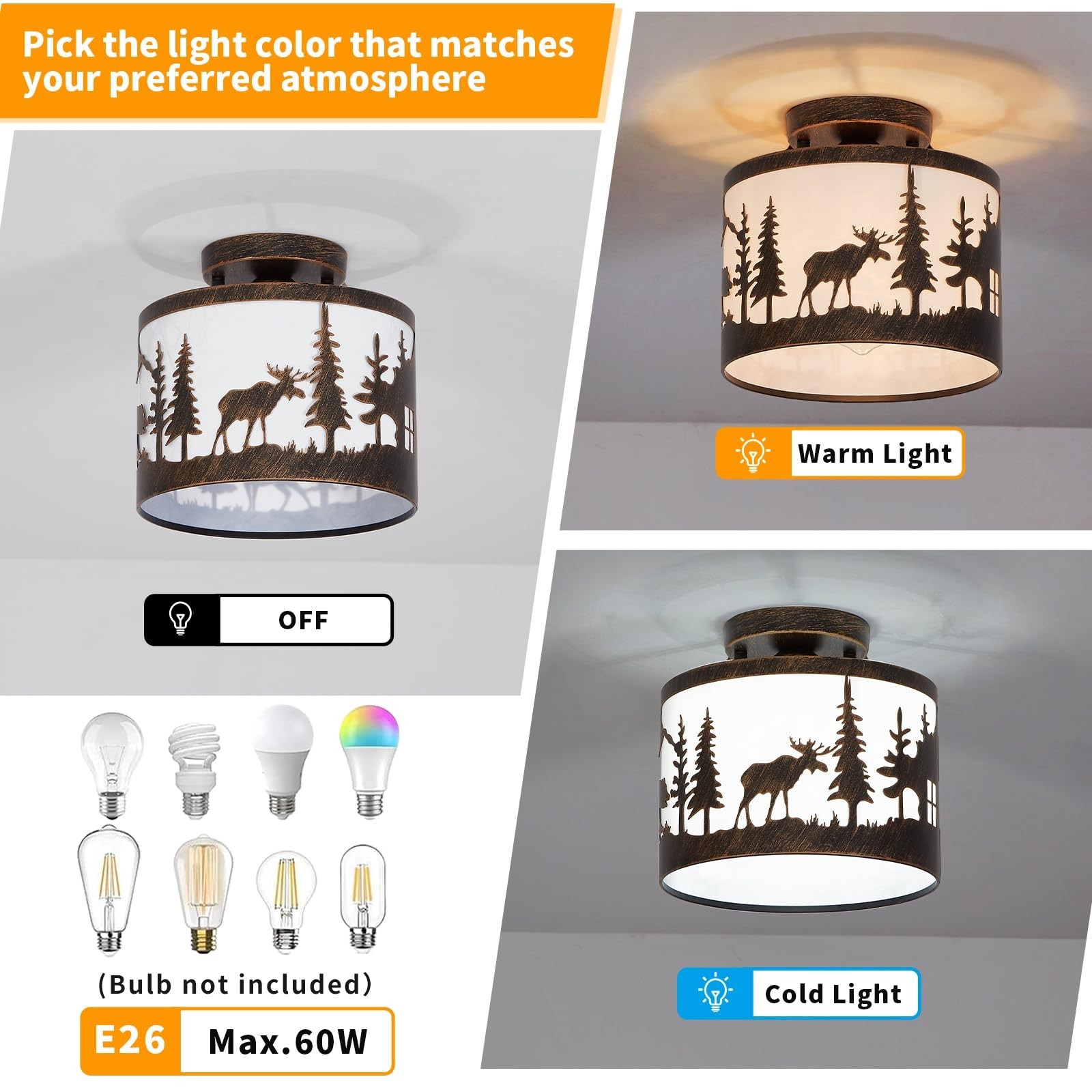 Rustic Semi Flush Mount Ceiling Light with Shade, Black Metal Farmhouse Fixtu…