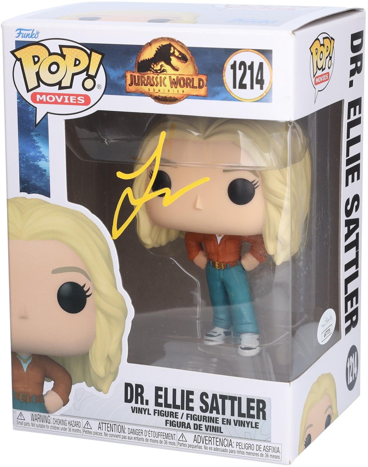Laura Dern Jurassic World Signed Dr. Ellie Sattler #1214 Funko Pop in Yellow Ink