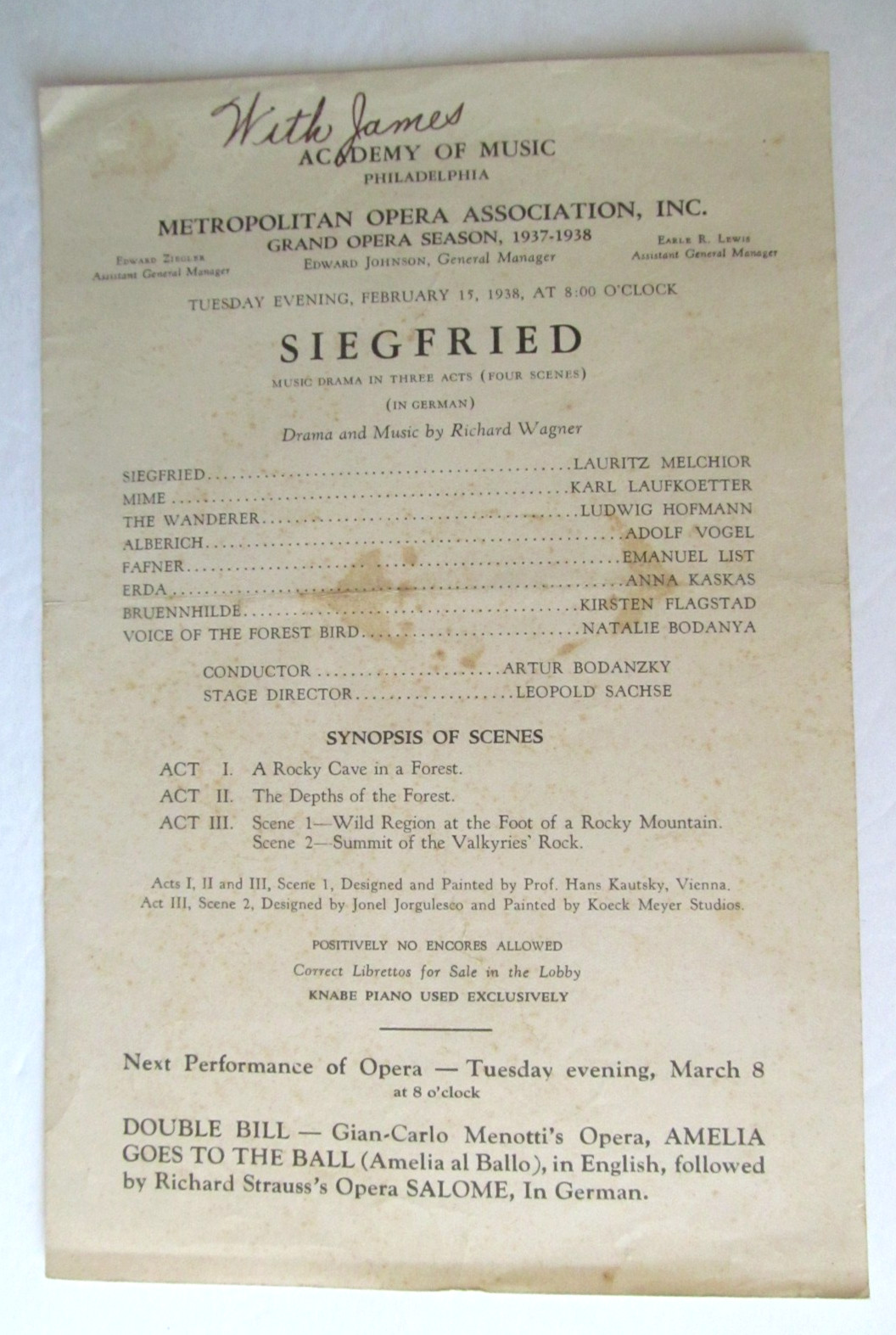 Program – Siegfried- 1938- Metropolitan Opera Philadelphia – Flagstad, Melchior
