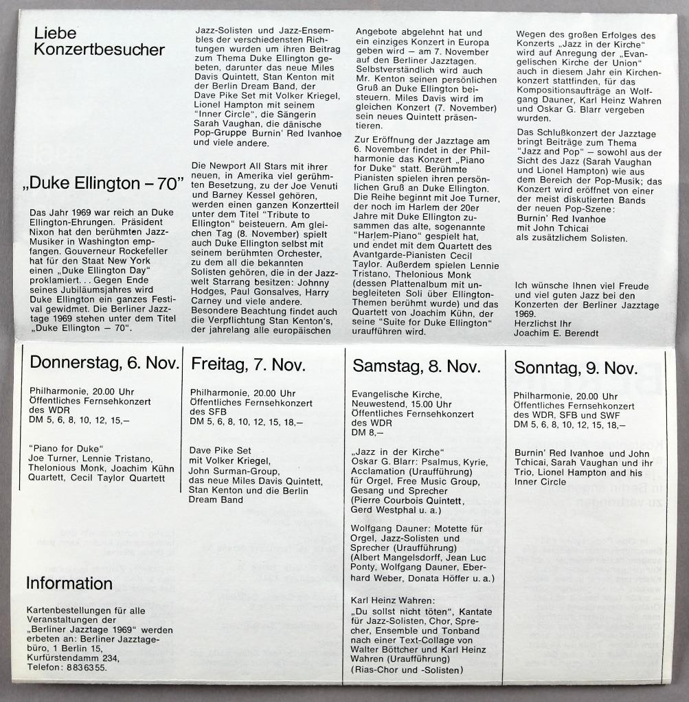 DUKE ELLINGTON MILES DAVIS – original Berliner Jazz Tage 1969 gig flyer/brochure
