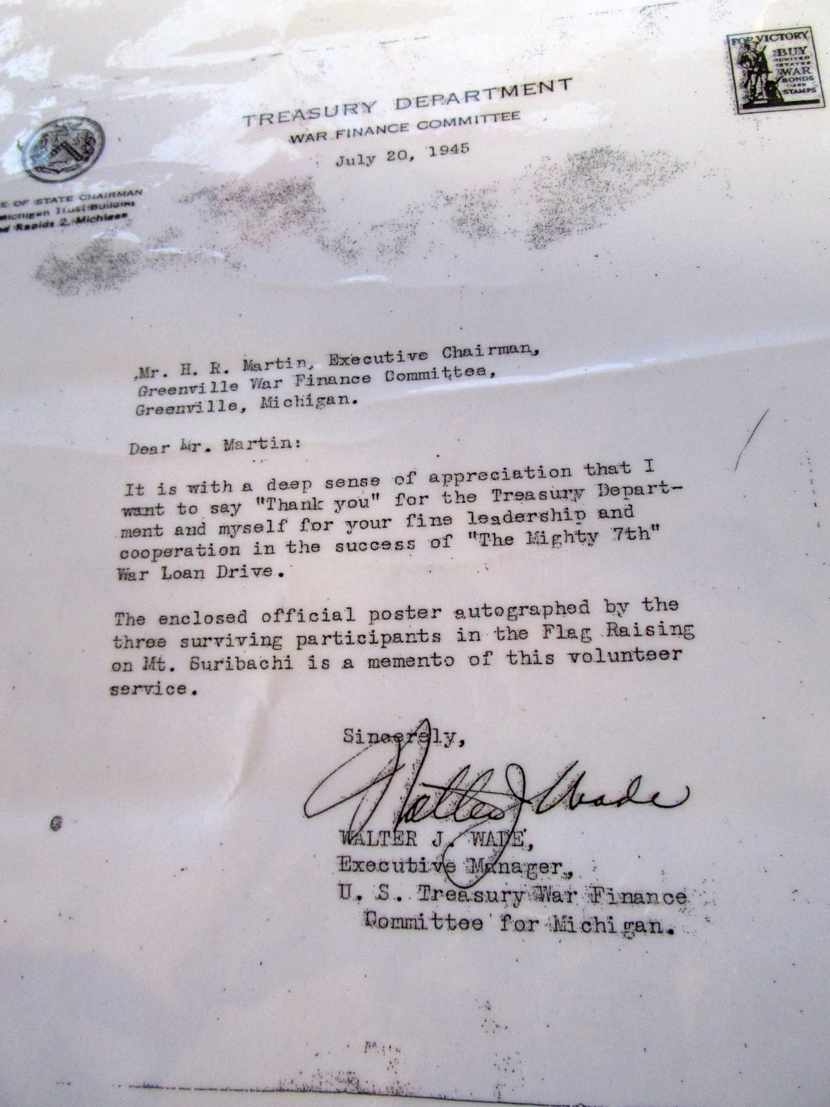 WW II 7th War Loan Now All together 14” x 10” Laminated Print 3 Signers Letter