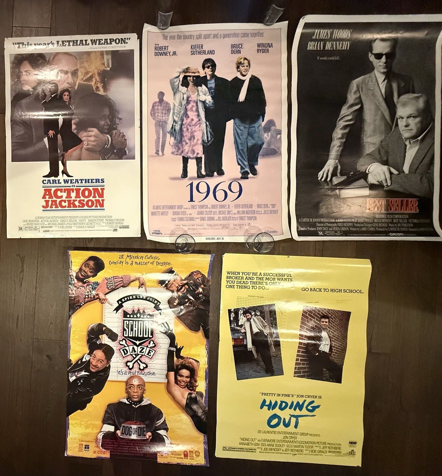 Late 1980s Movie Posters (5) School Daze, Action Jackson, Hiding Out +++; 35×23”