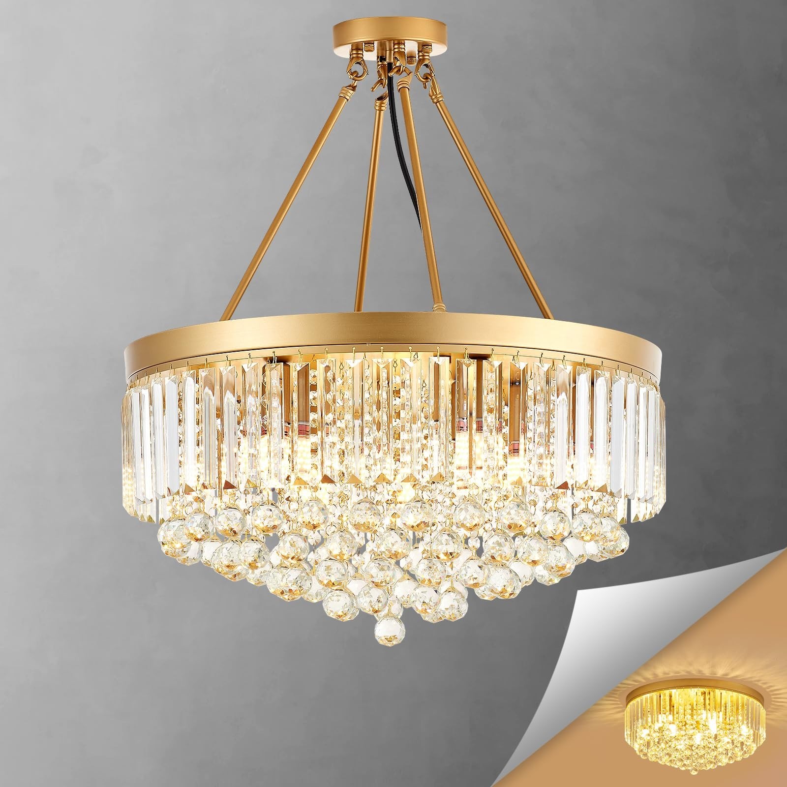 9-Light Gold Crystal Chandelier Contemporary 22” Modern Semi Flush Mount Cry…